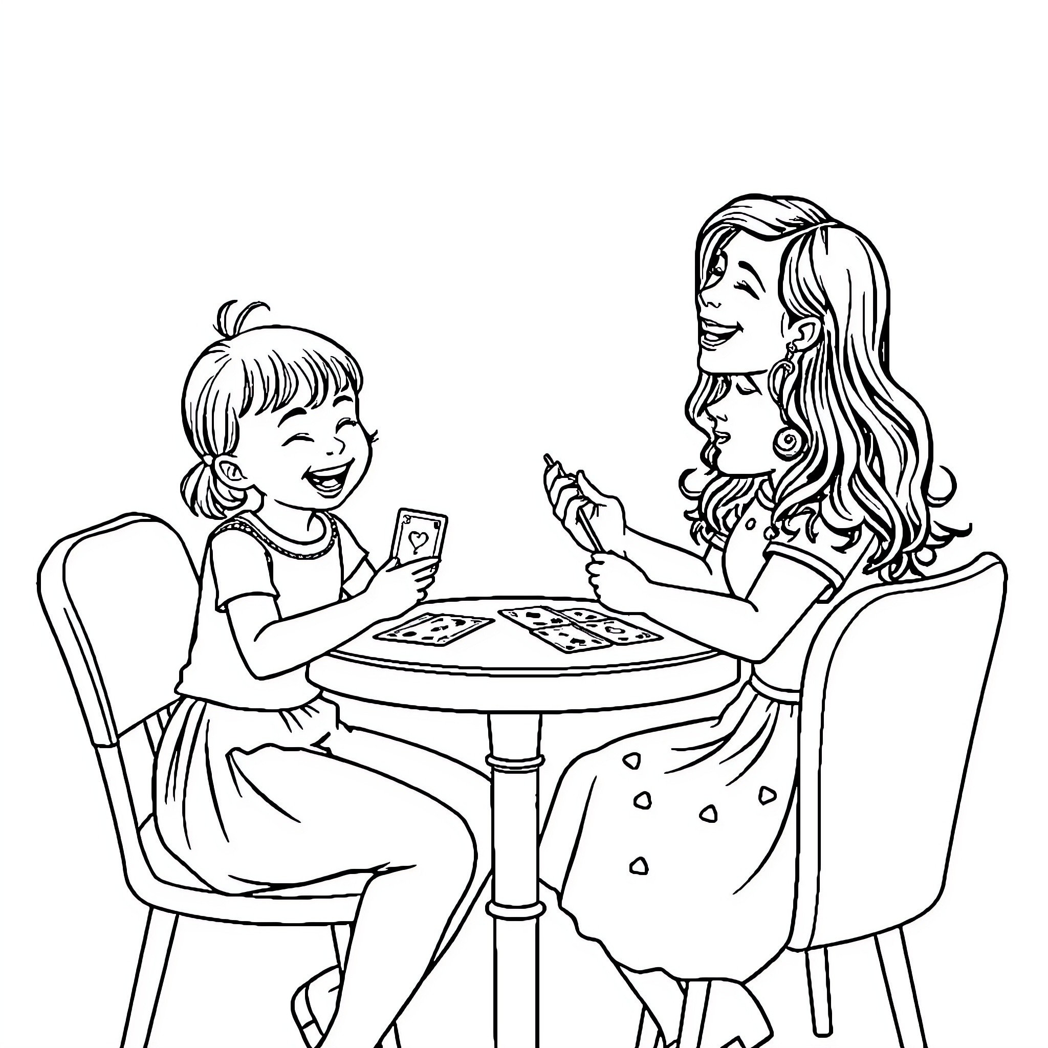 Mama's Playful Afternoon with Daughter Coloring Page (free black-and-white line drawing printable PDF for all, from beginners to advanced learners, including children, teens, adults, and seniors)