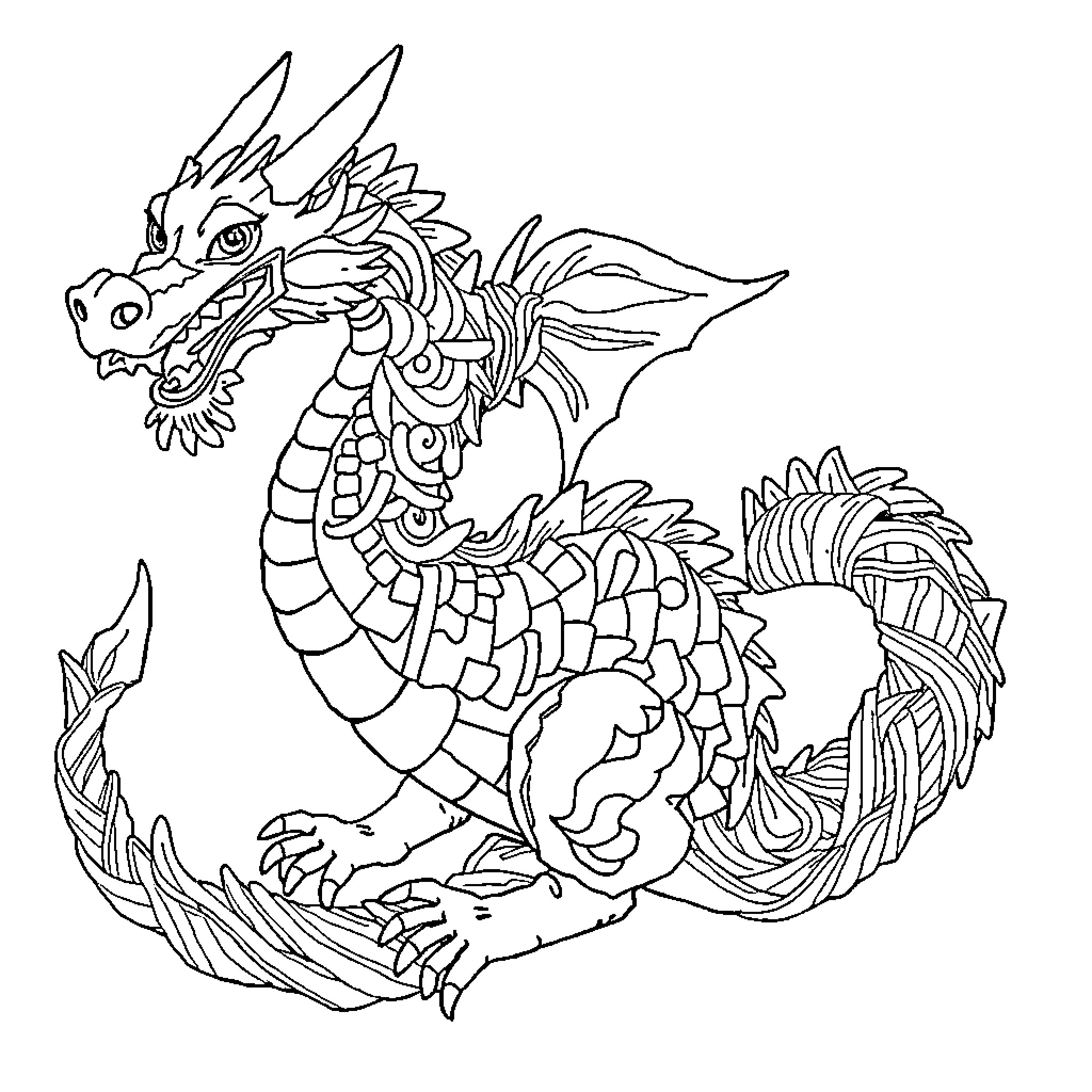 Dragon Unleashing Fiery Breath with Ornate Design Coloring Page (free black-and-white line drawing printable PDF for all, from beginners to advanced learners, including children, teens, adults, and seniors)