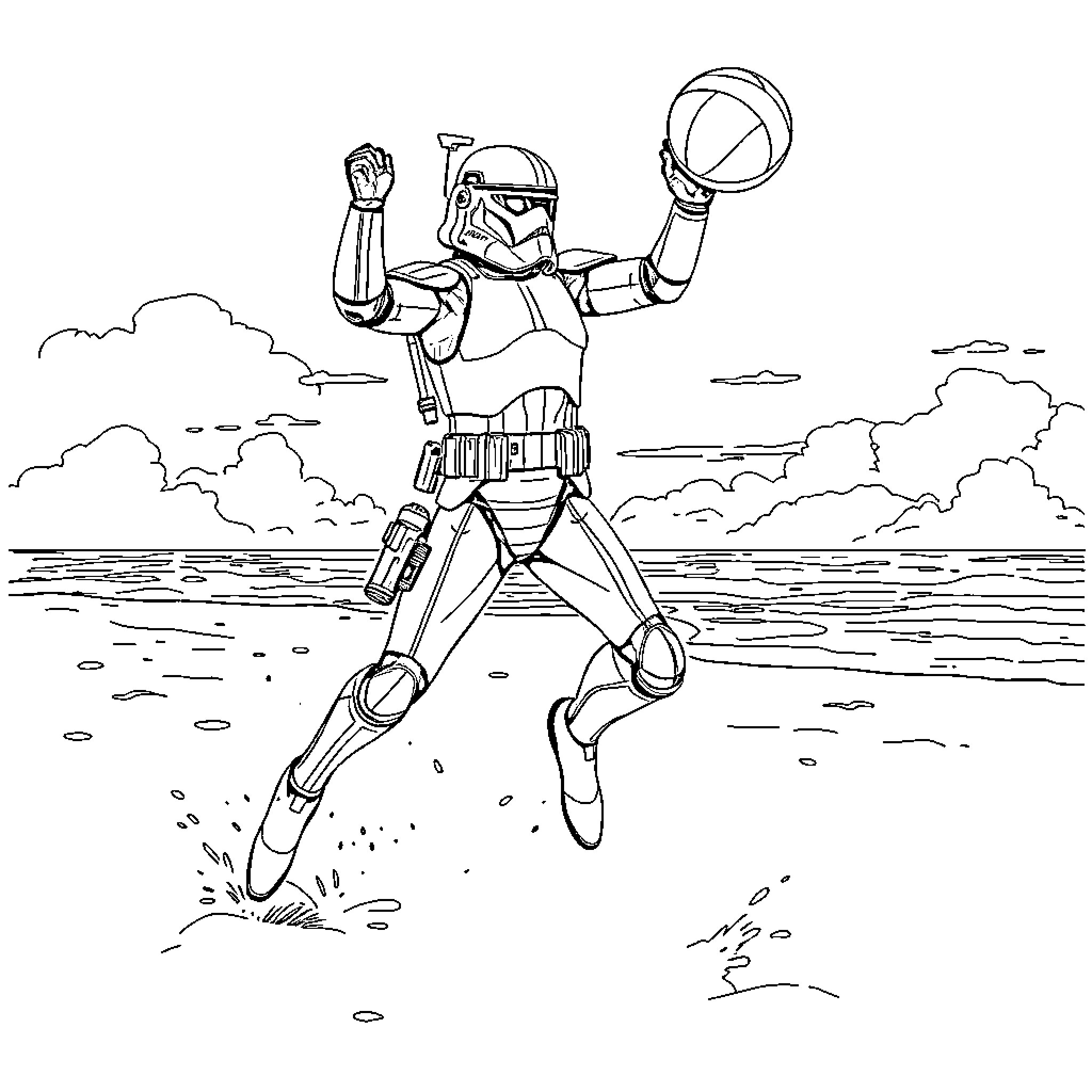 Clone Trooper jumping into action on the battlefield Coloring Page (free black-and-white line drawing printable PDF for all, from beginners to advanced learners, including children, teens, adults, and seniors)