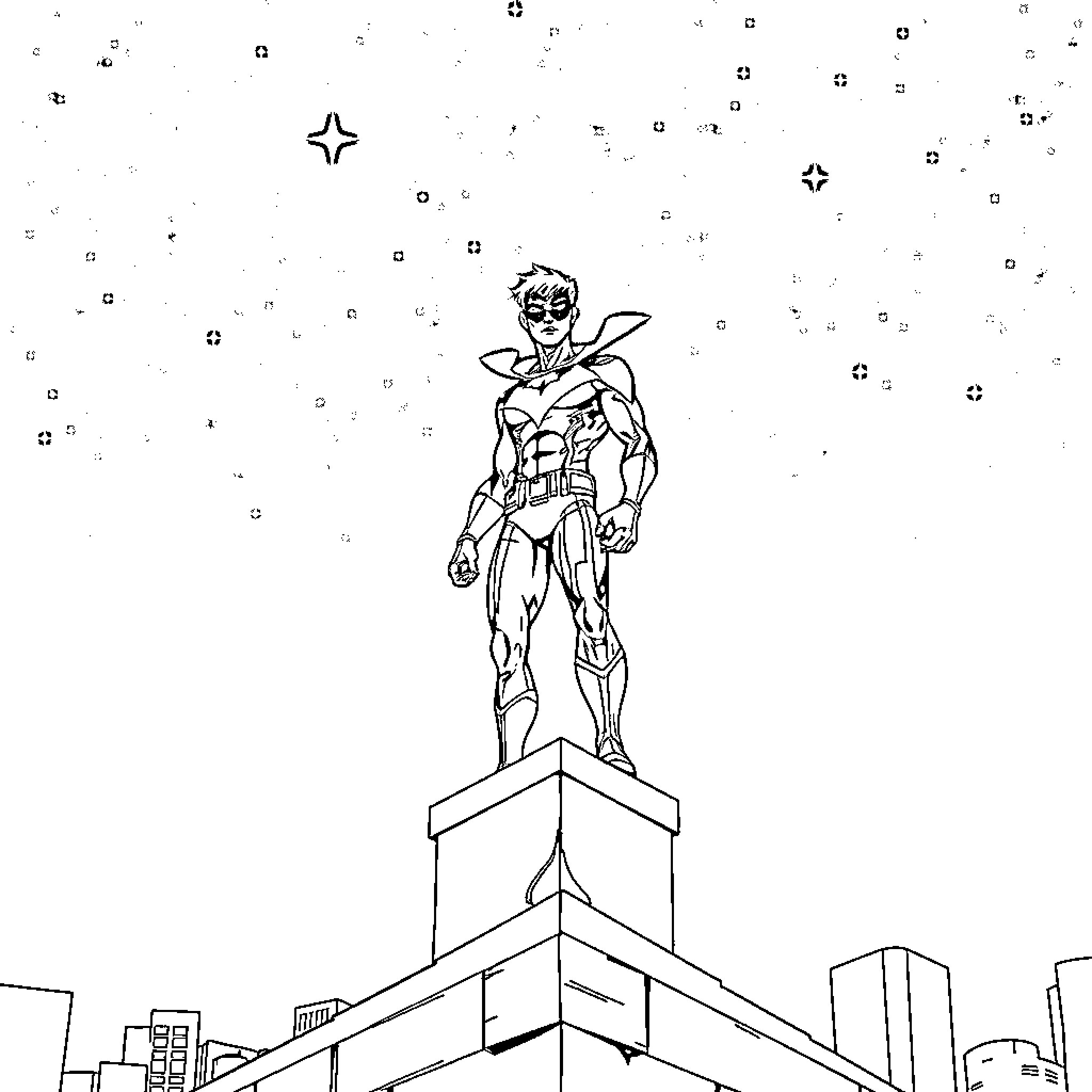 Nightwing standing atop a city skyline Coloring Page (free black-and-white line drawing printable PDF for all, from beginners to advanced learners, including children, teens, adults, and seniors)