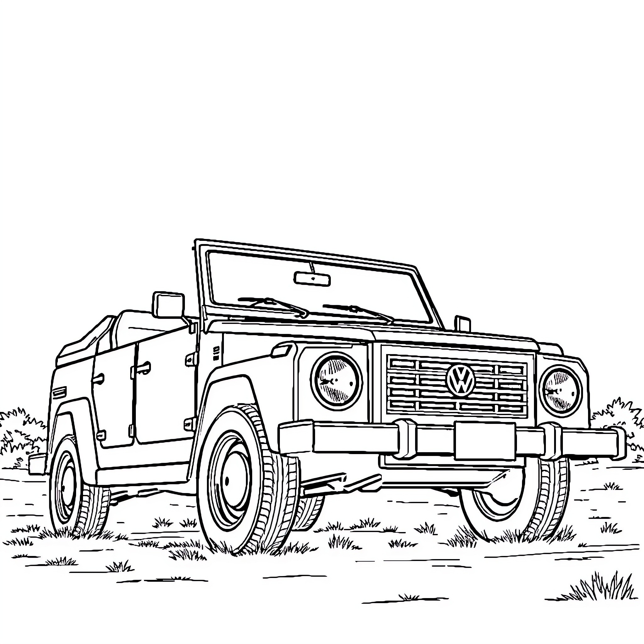 Volkswagen off-road vehicle in rugged outdoor setting Coloring Page (free black-and-white line drawing printable PDF for all, from beginners to advanced learners, including children, teens, adults, and seniors)