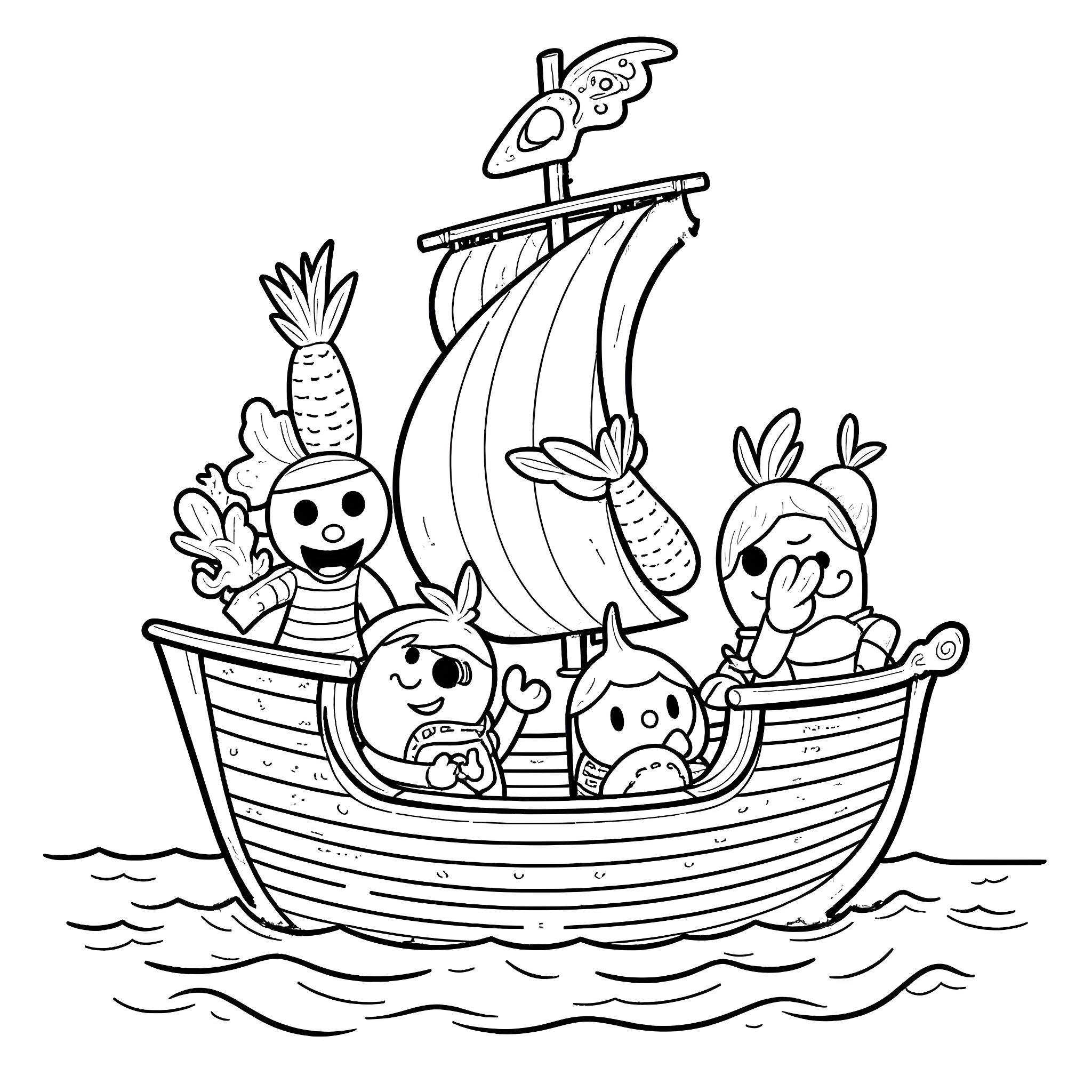 Lemon characters sailing on a whimsical boat Coloring Page (free black-and-white line drawing printable PDF for all, from beginners to advanced learners, including children, teens, adults, and seniors)