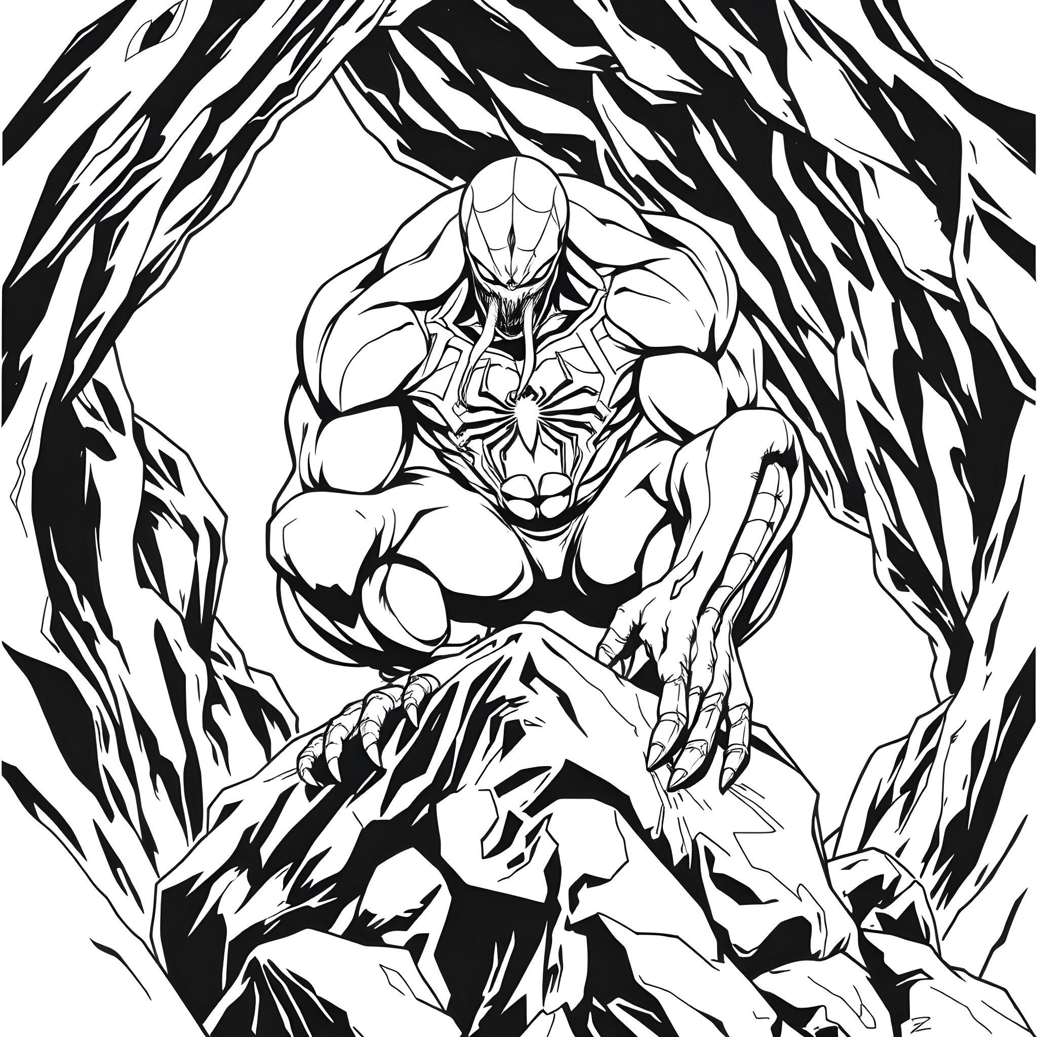 Hulk-themed superhero in power pose amid a chaotic background Coloring Page (free black-and-white line drawing printable PDF for all, from beginners to advanced learners, including children, teens, adults, and seniors)