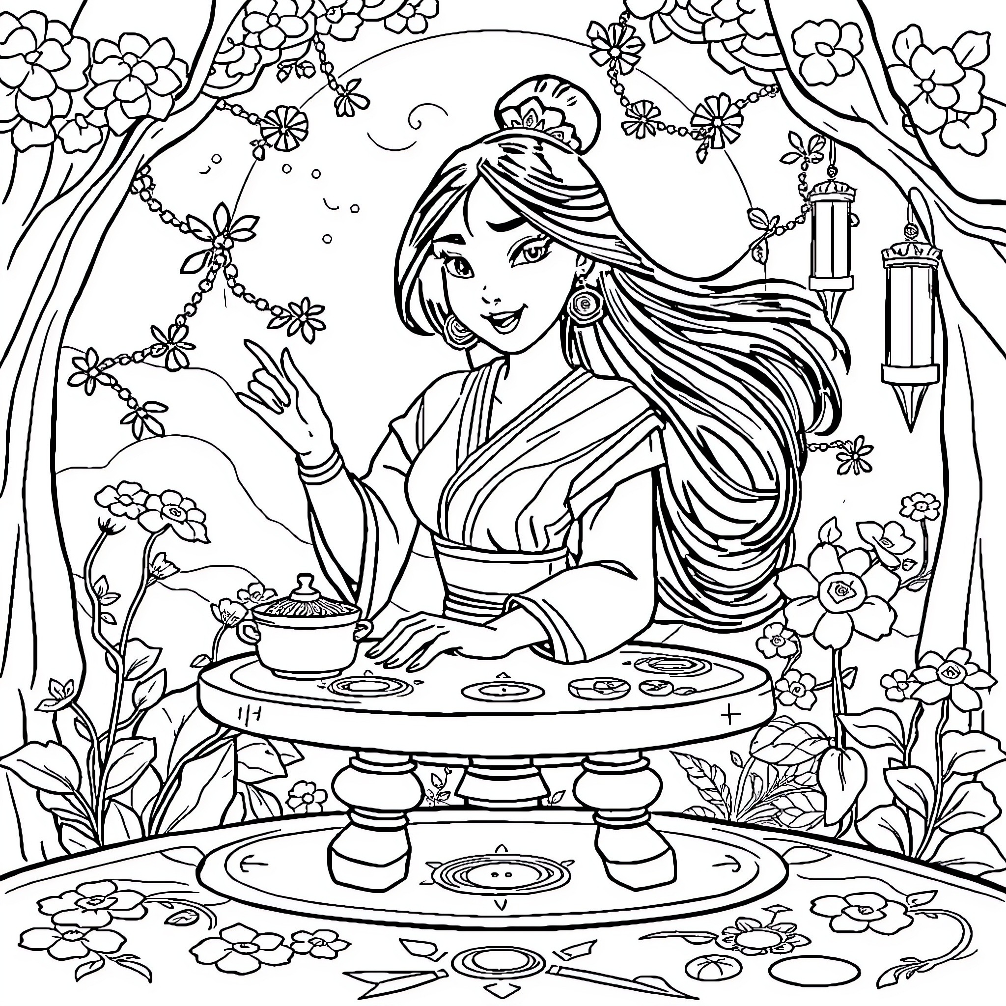 Mulan in Floral Garden enjoying Tea Time Coloring Page (free black-and-white line drawing printable PDF for all, from beginners to advanced learners, including children, teens, adults, and seniors)