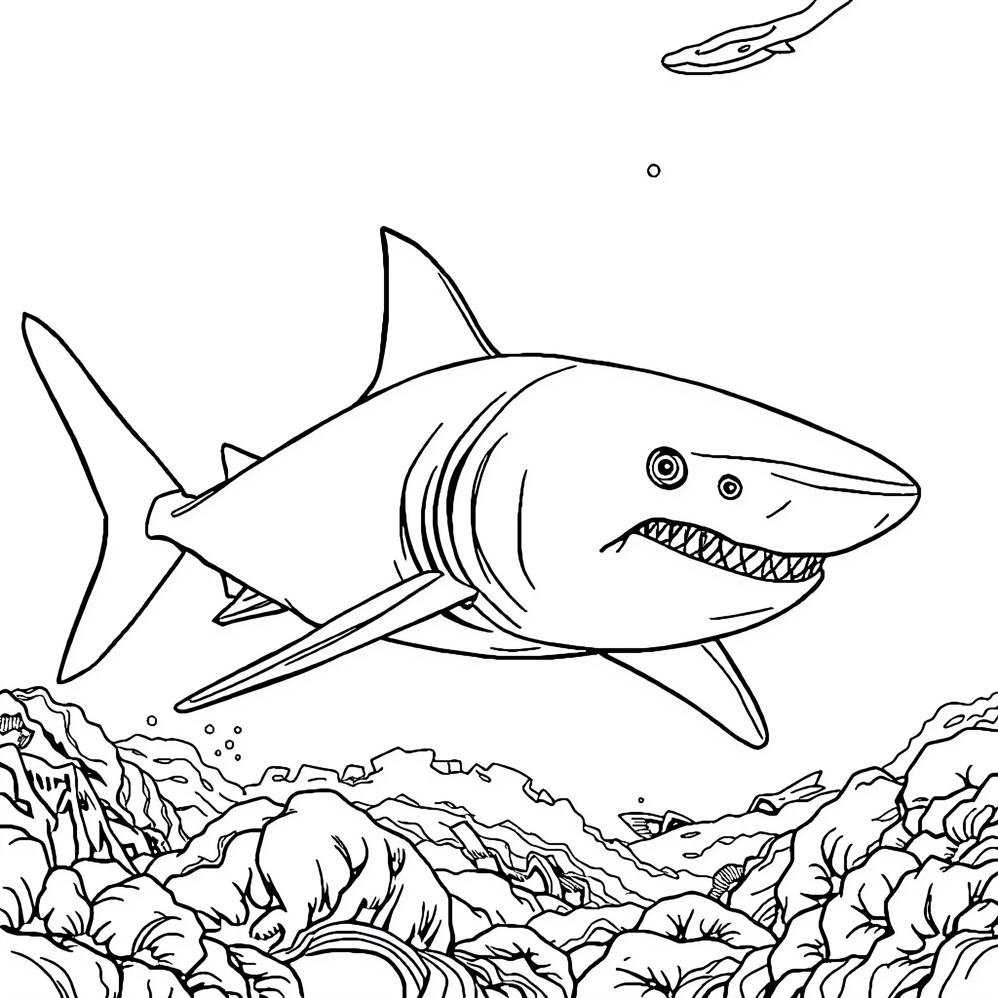 Megalodon swimming menacingly in the deep sea Coloring Page (free black-and-white line drawing printable PDF for all, from beginners to advanced learners, including children, teens, adults, and seniors)