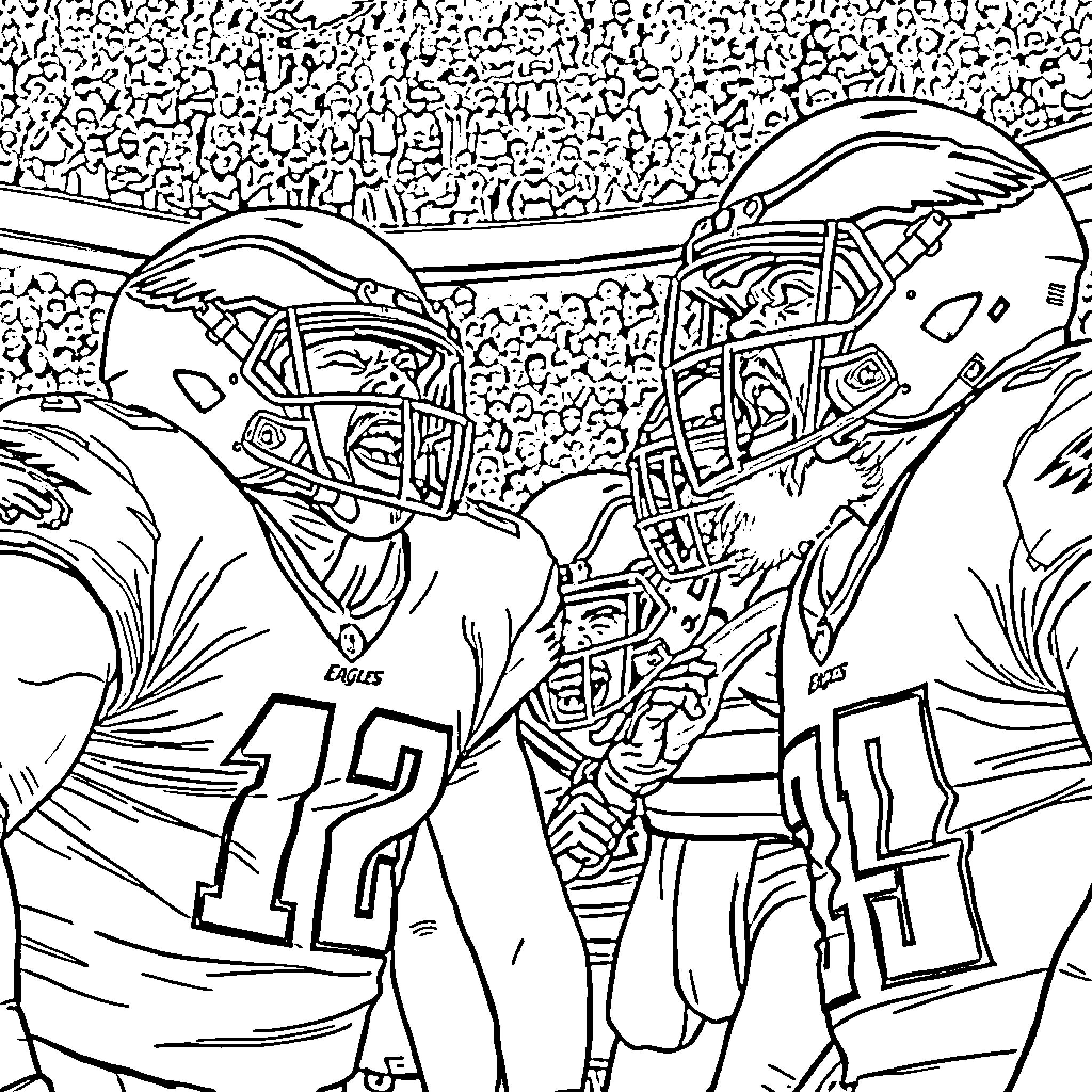 Eagle players competing in football match Coloring Page (free black-and-white line drawing printable PDF for all, from beginners to advanced learners, including children, teens, adults, and seniors)