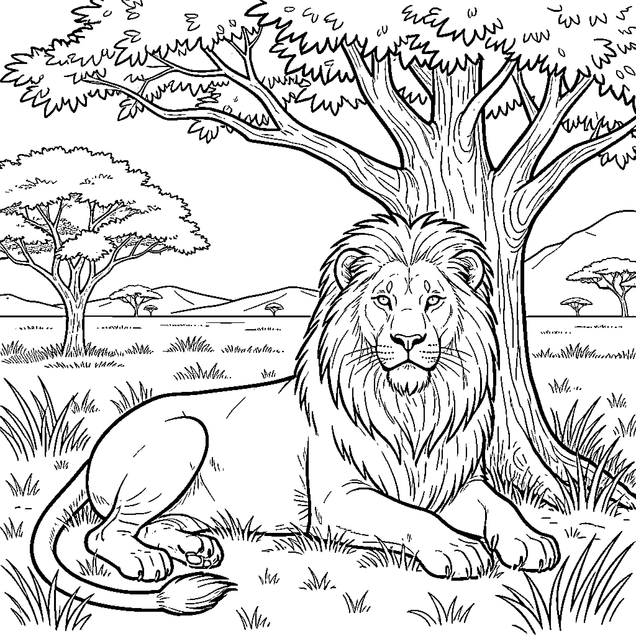 Lion relaxing in serene African landscape Coloring Page (free black-and-white line drawing printable PDF for all, from beginners to advanced learners, including children, teens, adults, and seniors)