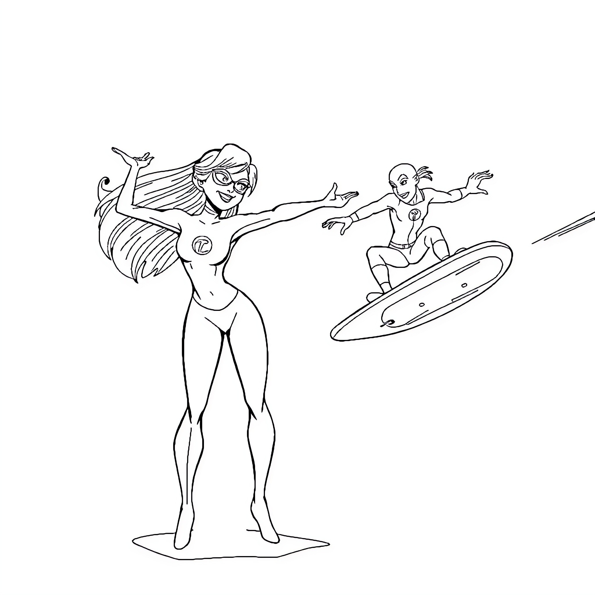 Elastigirl stretching and surfing on a UFO Coloring Page (free black-and-white line drawing printable PDF for all, from beginners to advanced learners, including children, teens, adults, and seniors)