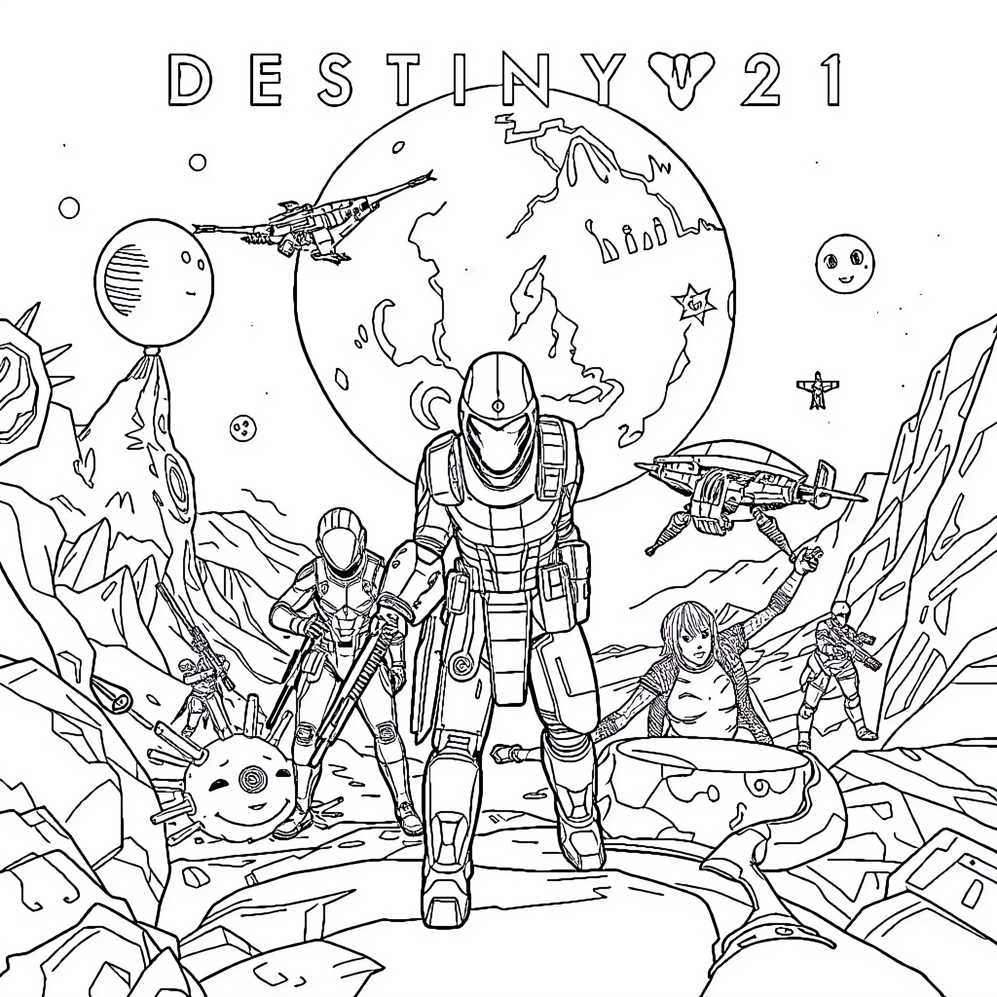 Destiny 2: Intergalactic Exploration and Combat Coloring Page (free black-and-white line drawing printable PDF for all, from beginners to advanced learners, including children, teens, adults, and seniors)