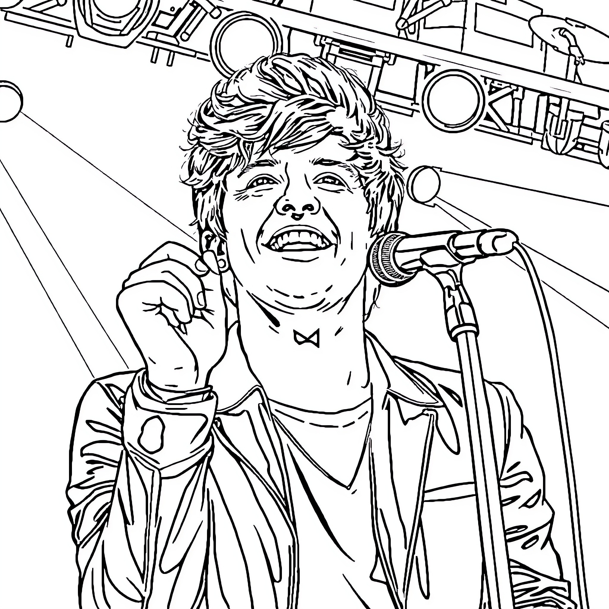 Louis Tomlinson performing on stage with musical instruments Coloring Page (free black-and-white line drawing printable PDF for all, from beginners to advanced learners, including children, teens, adults, and seniors)