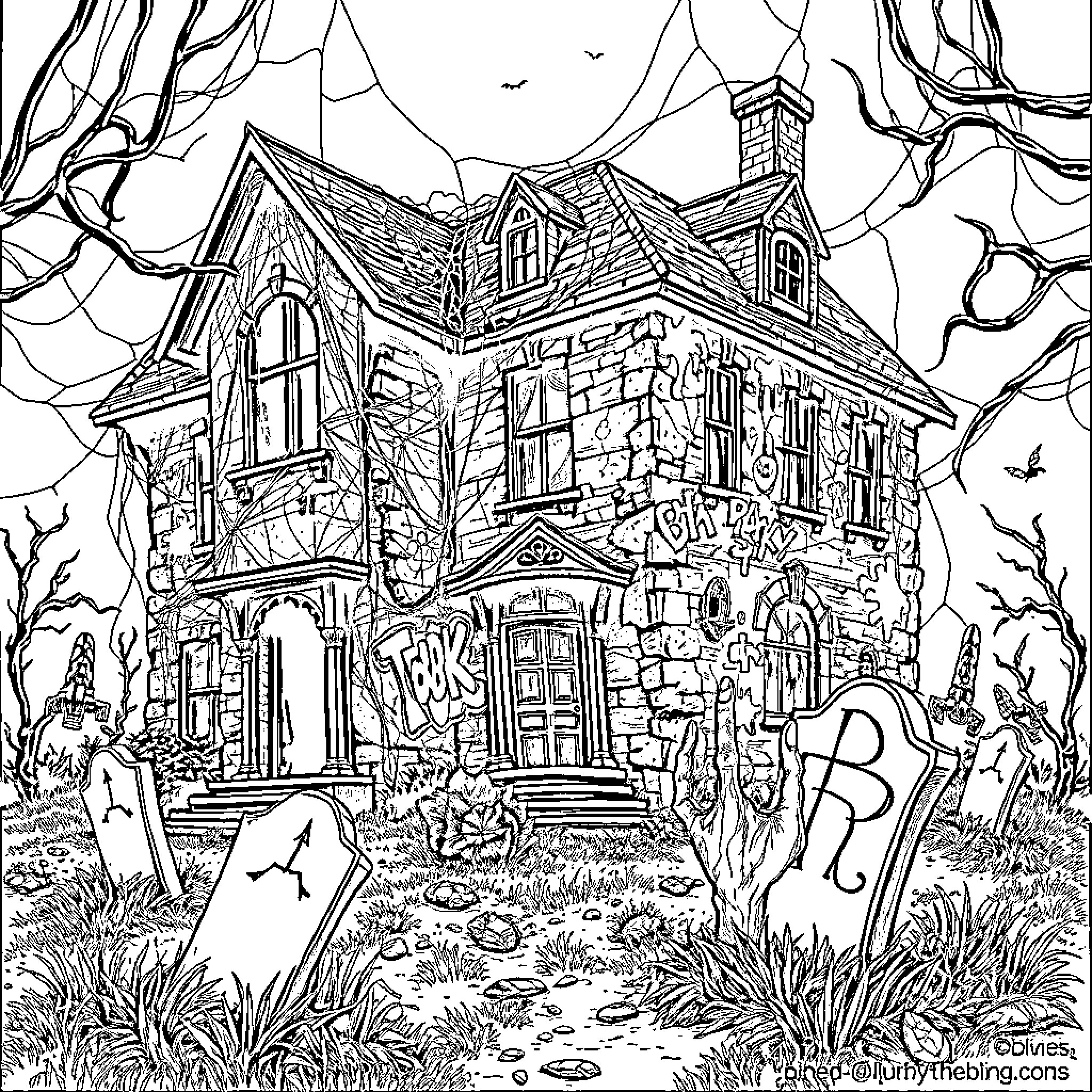 Haunted Mansion with Spooky Atmosphere and Ominous Presence Coloring Page (free black-and-white line drawing printable PDF for all, from beginners to advanced learners, including children, teens, adults, and seniors)