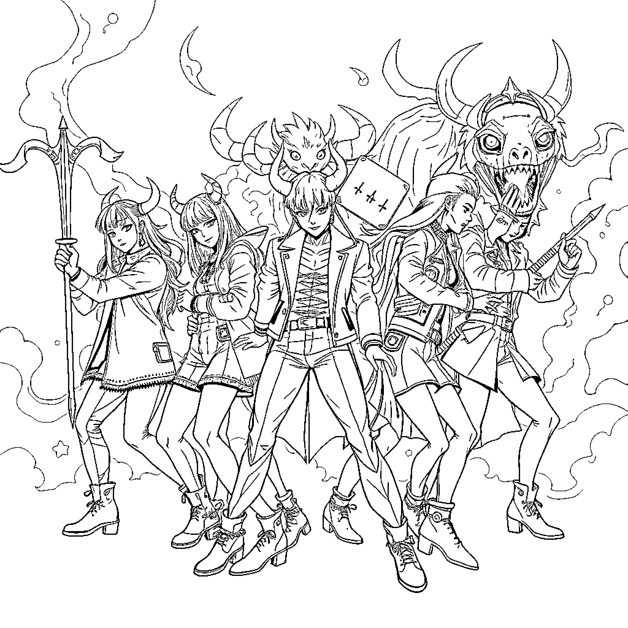 Demon Hunter Squad in Action Coloring Page (free black-and-white line drawing printable PDF for all, from beginners to advanced learners, including children, teens, adults, and seniors)