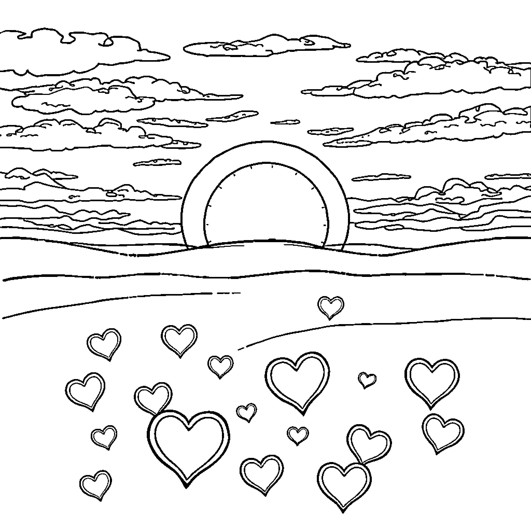 Sunset sky filled with scattered hearts Coloring Page (free black-and-white line drawing printable PDF for all, from beginners to advanced learners, including children, teens, adults, and seniors)