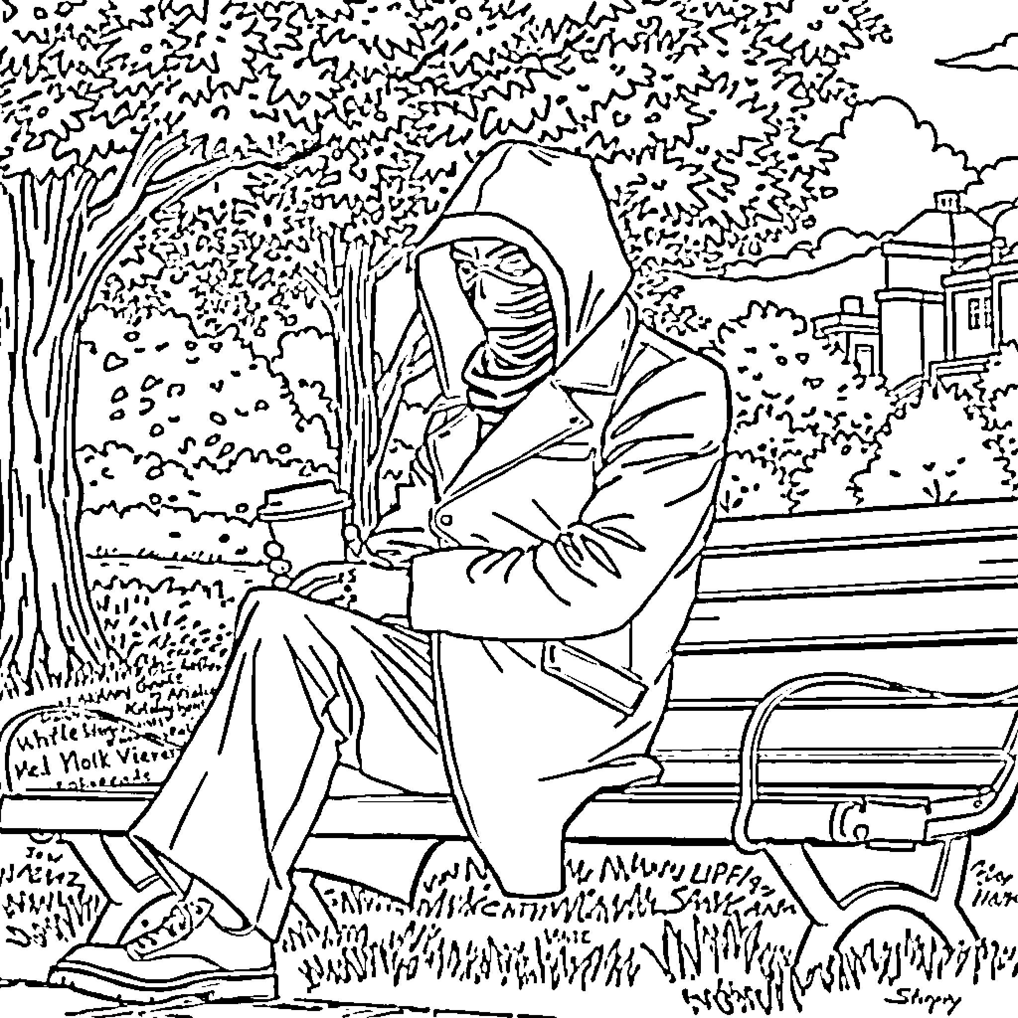 Cappuccino in the Park: A Solitary Figure Observes the Scenery Coloring Page (free black-and-white line drawing printable PDF for all, from beginners to advanced learners, including children, teens, adults, and seniors)