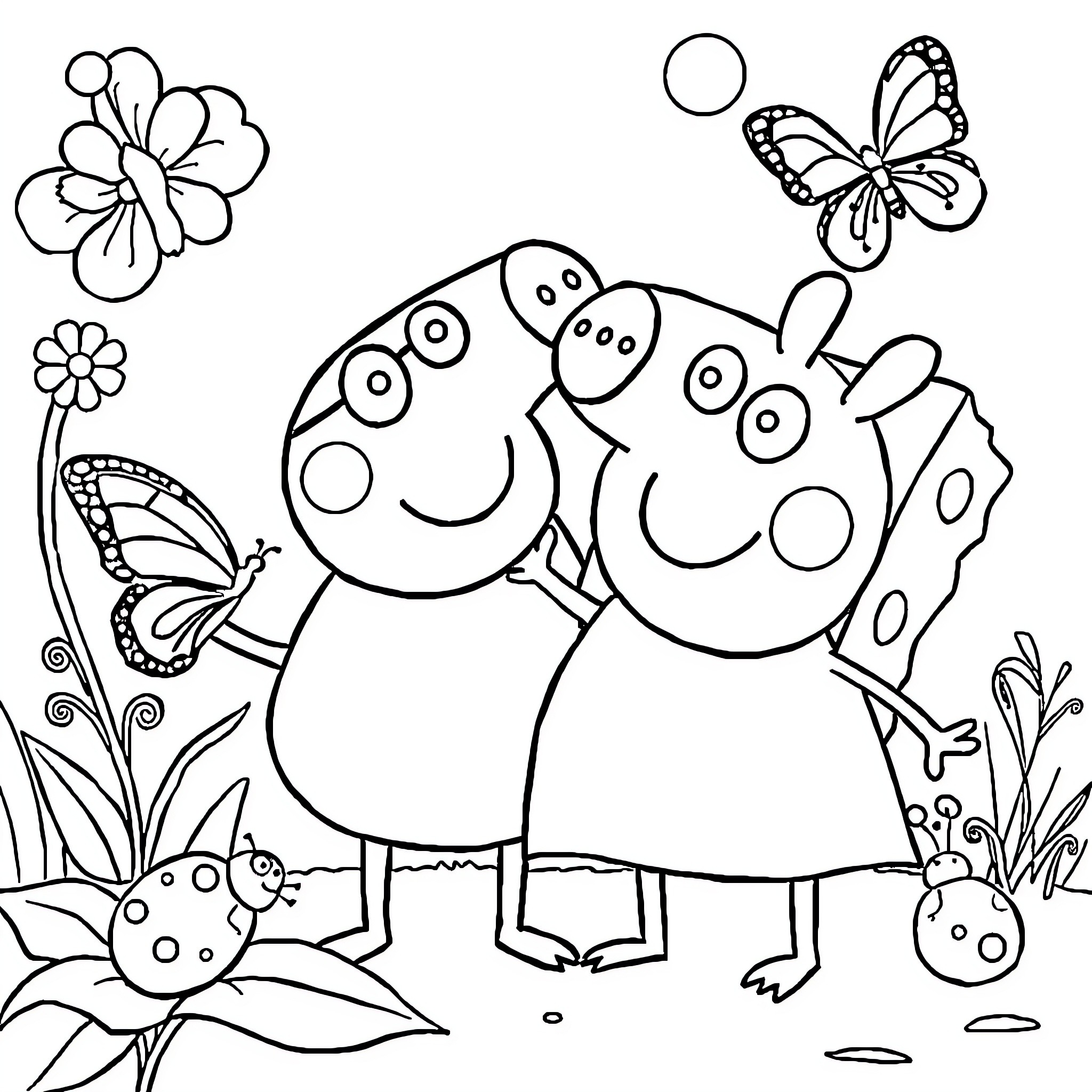 Pig friends in a flower garden Coloring Page (free black-and-white line drawing printable PDF for all, from beginners to advanced learners, including children, teens, adults, and seniors)