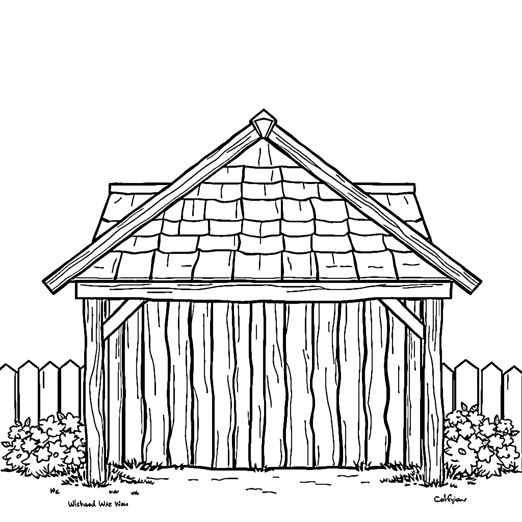 Shed with a thatched roof in a countryside scene Coloring Page (free black-and-white line drawing printable PDF for all, from beginners to advanced learners, including children, teens, adults, and seniors)