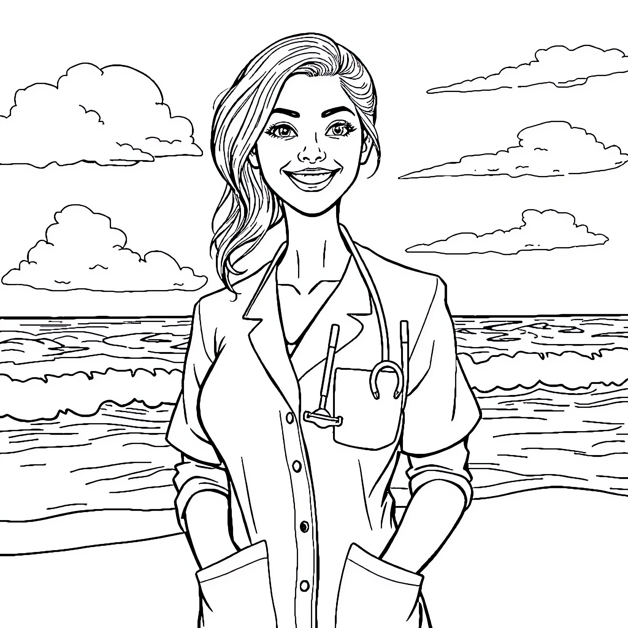 Dentist examines patient with caring expression on the beach Coloring Page (free black-and-white line drawing printable PDF for all, from beginners to advanced learners, including children, teens, adults, and seniors)