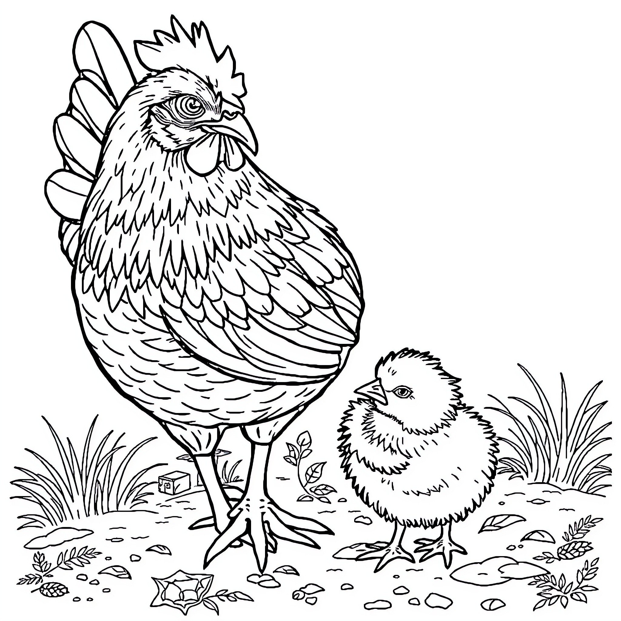 Hen and chick in a natural setting Coloring Page (free black-and-white line drawing printable PDF for all, from beginners to advanced learners, including children, teens, adults, and seniors)