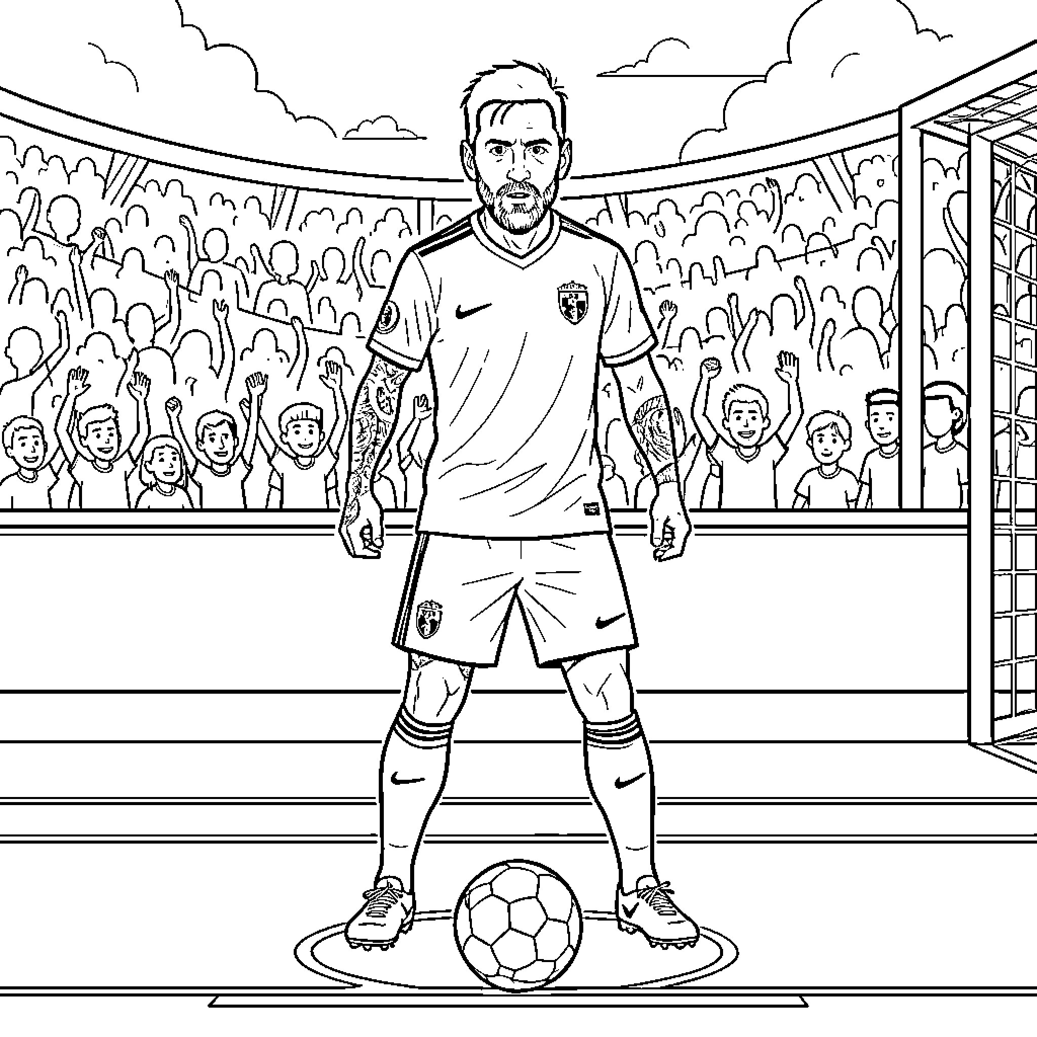 Lionel Messi standing confidently with a soccer ball Coloring Page (free black-and-white line drawing printable PDF for all, from beginners to advanced learners, including children, teens, adults, and seniors)