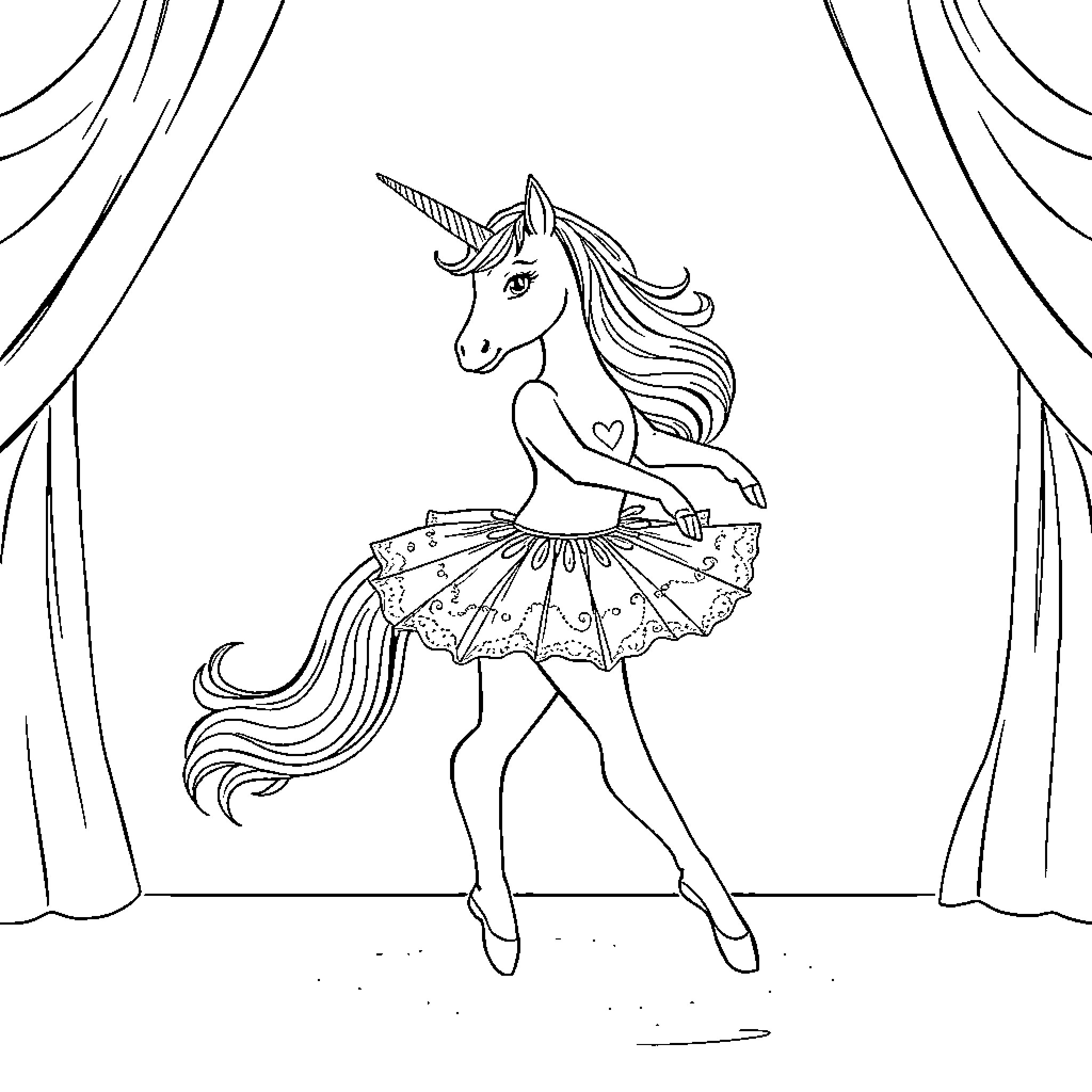 Unicorn ballerina dancing on stage Coloring Page (free black-and-white line drawing printable PDF for all, from beginners to advanced learners, including children, teens, adults, and seniors)