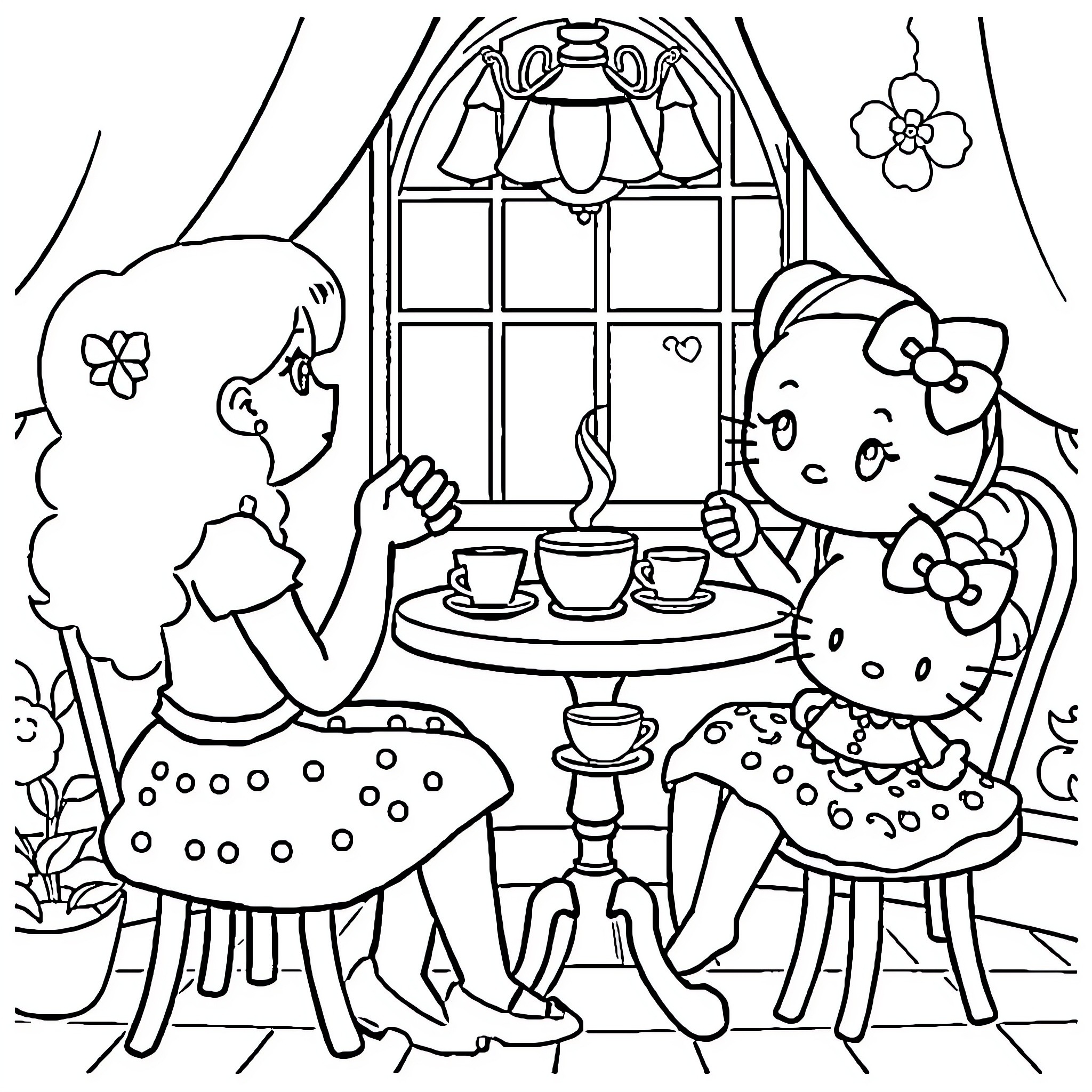 Wednesday Adams and Friends Enjoying Tea Time Coloring Page (free black-and-white line drawing printable PDF for all, from beginners to advanced learners, including children, teens, adults, and seniors)