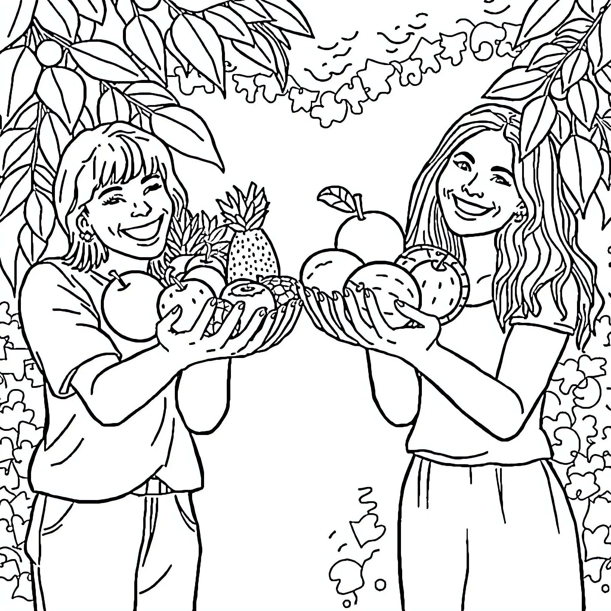 Person holding fresh fruits in nature Coloring Page (free black-and-white line drawing printable PDF for all, from beginners to advanced learners, including children, teens, adults, and seniors)