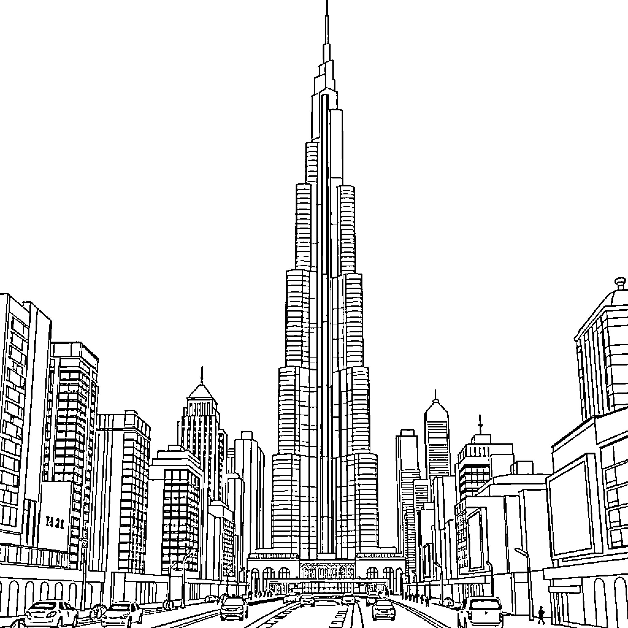 Burj Khalifa surrounded by modern skyscrapers in a cityscape Coloring Page (free black-and-white line drawing printable PDF for all, from beginners to advanced learners, including children, teens, adults, and seniors)