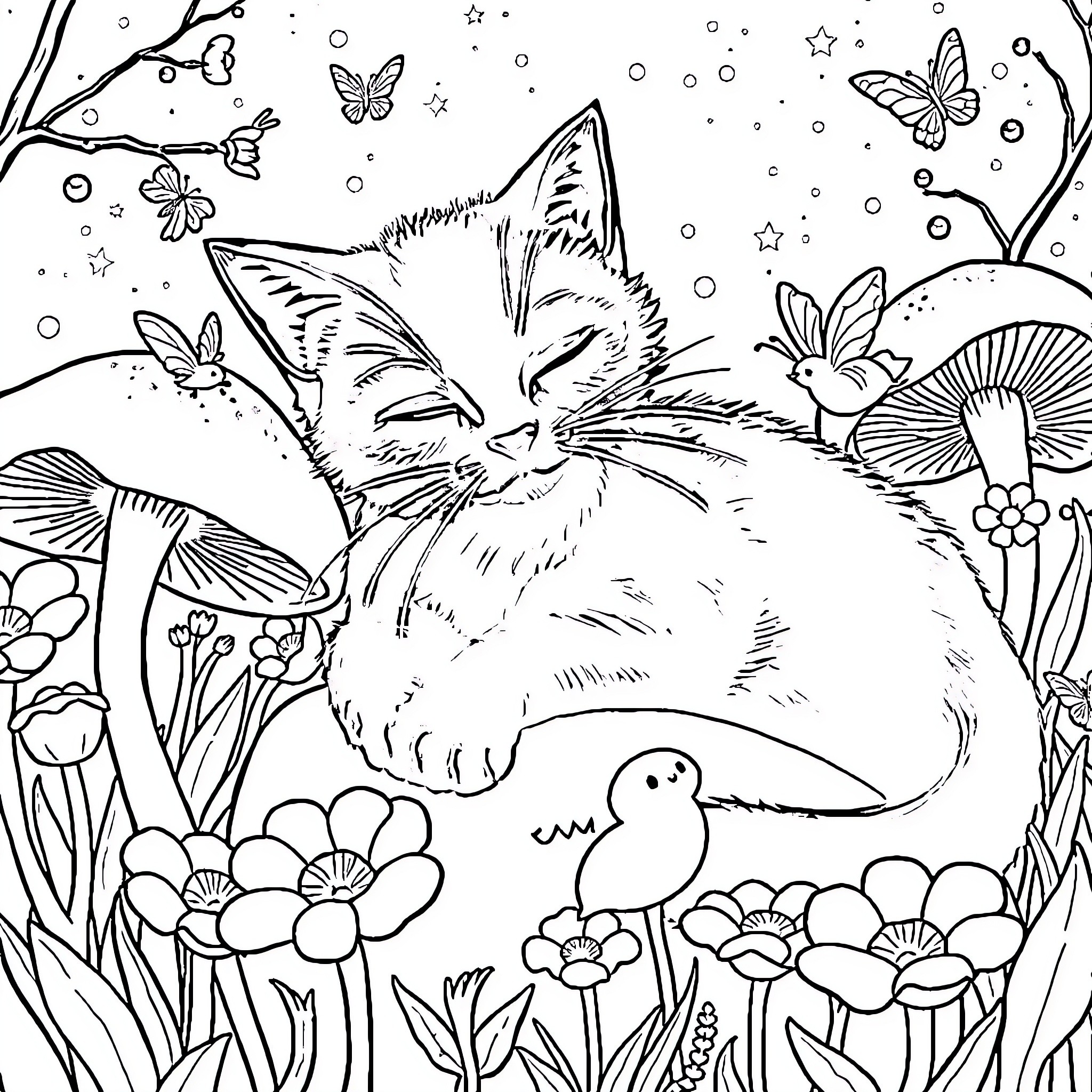 Cat sleeping peacefully in a magical forest Coloring Page (free black-and-white line drawing printable PDF for all, from beginners to advanced learners, including children, teens, adults, and seniors)