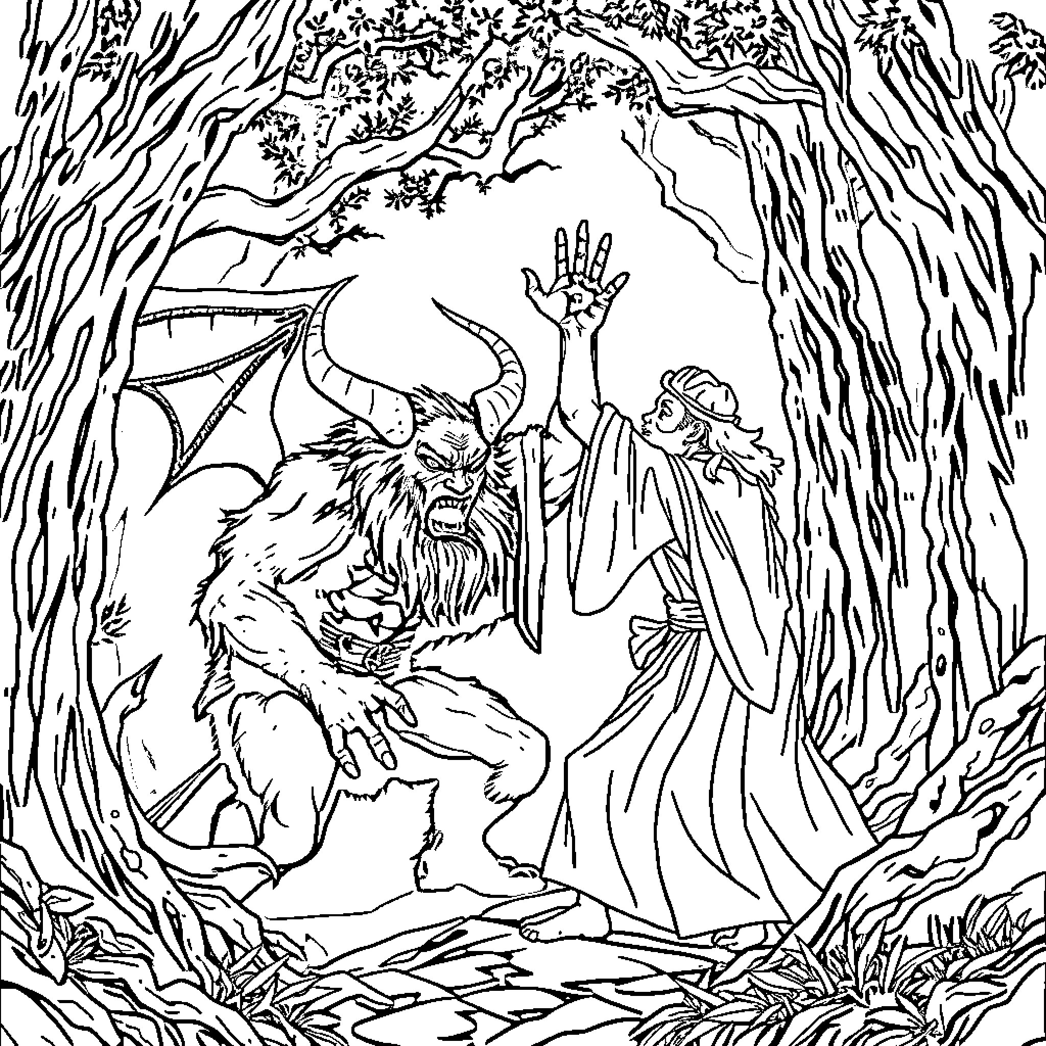 Rumi's encounter with the mysterious forest creature Coloring Page (free black-and-white line drawing printable PDF for all, from beginners to advanced learners, including children, teens, adults, and seniors)