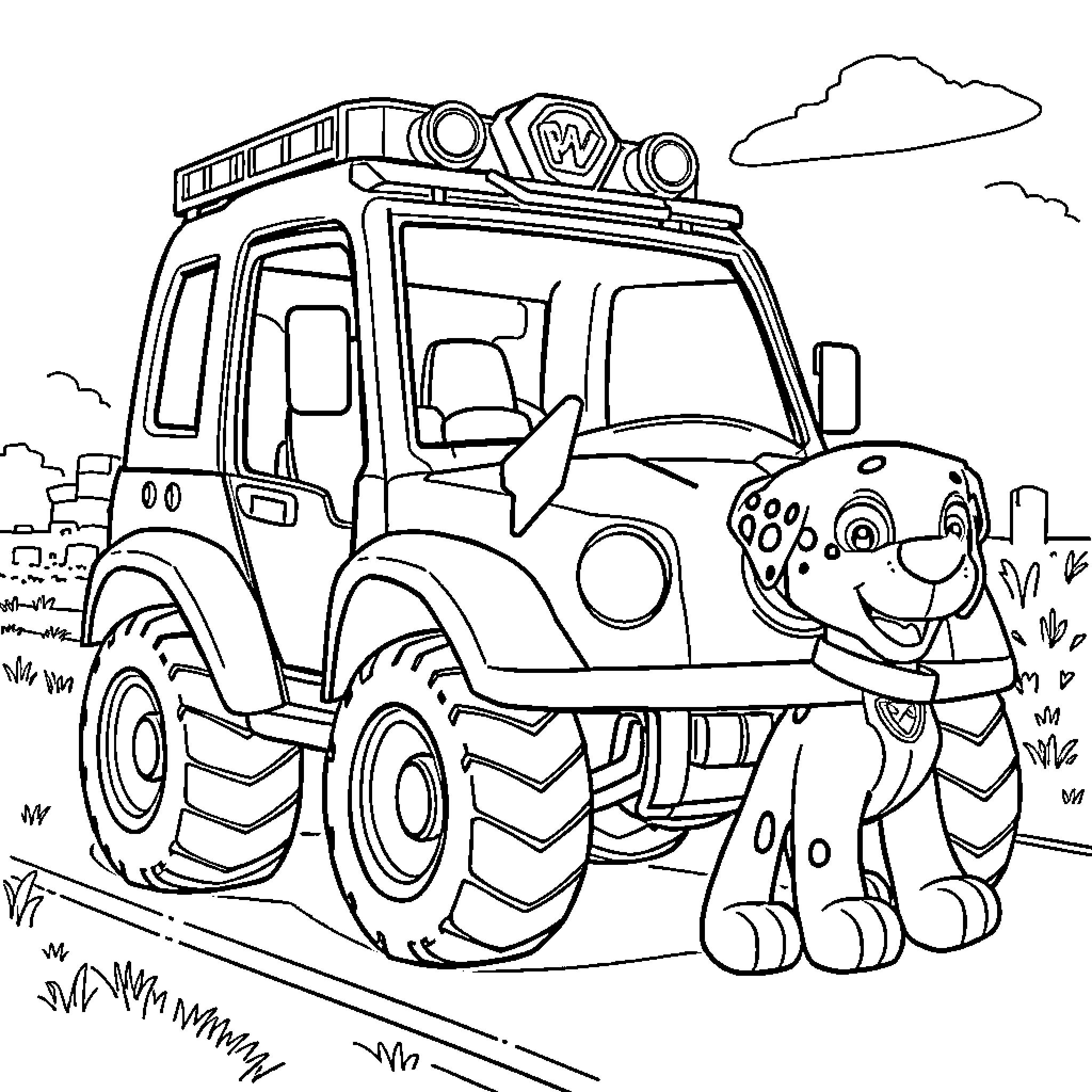 Marshall's Rugged Adventure with Paw Patrol Truck Coloring Page (free black-and-white line drawing printable PDF for all, from beginners to advanced learners, including children, teens, adults, and seniors)