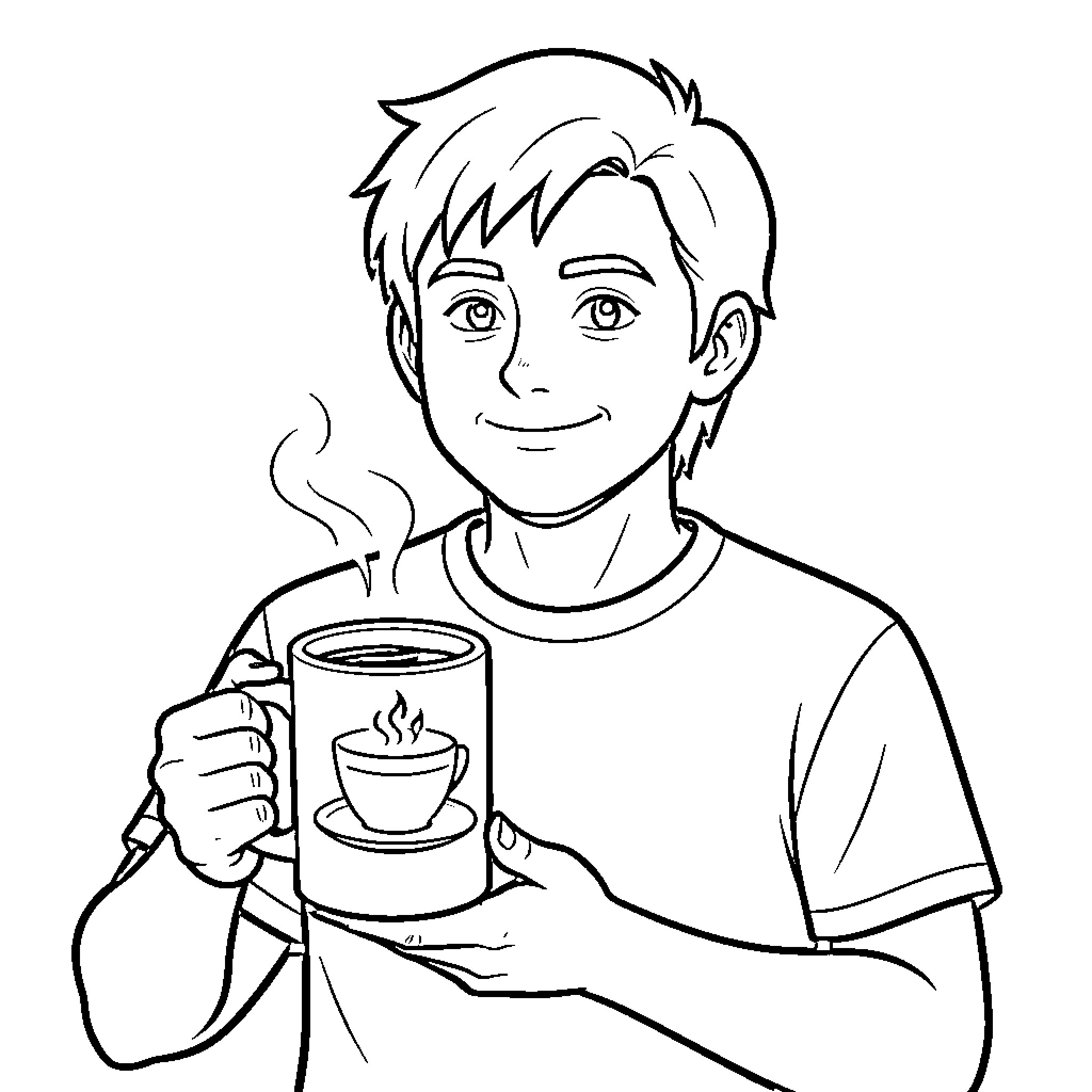 Mug held by a smiling young boy Coloring Page (free black-and-white line drawing printable PDF for all, from beginners to advanced learners, including children, teens, adults, and seniors)