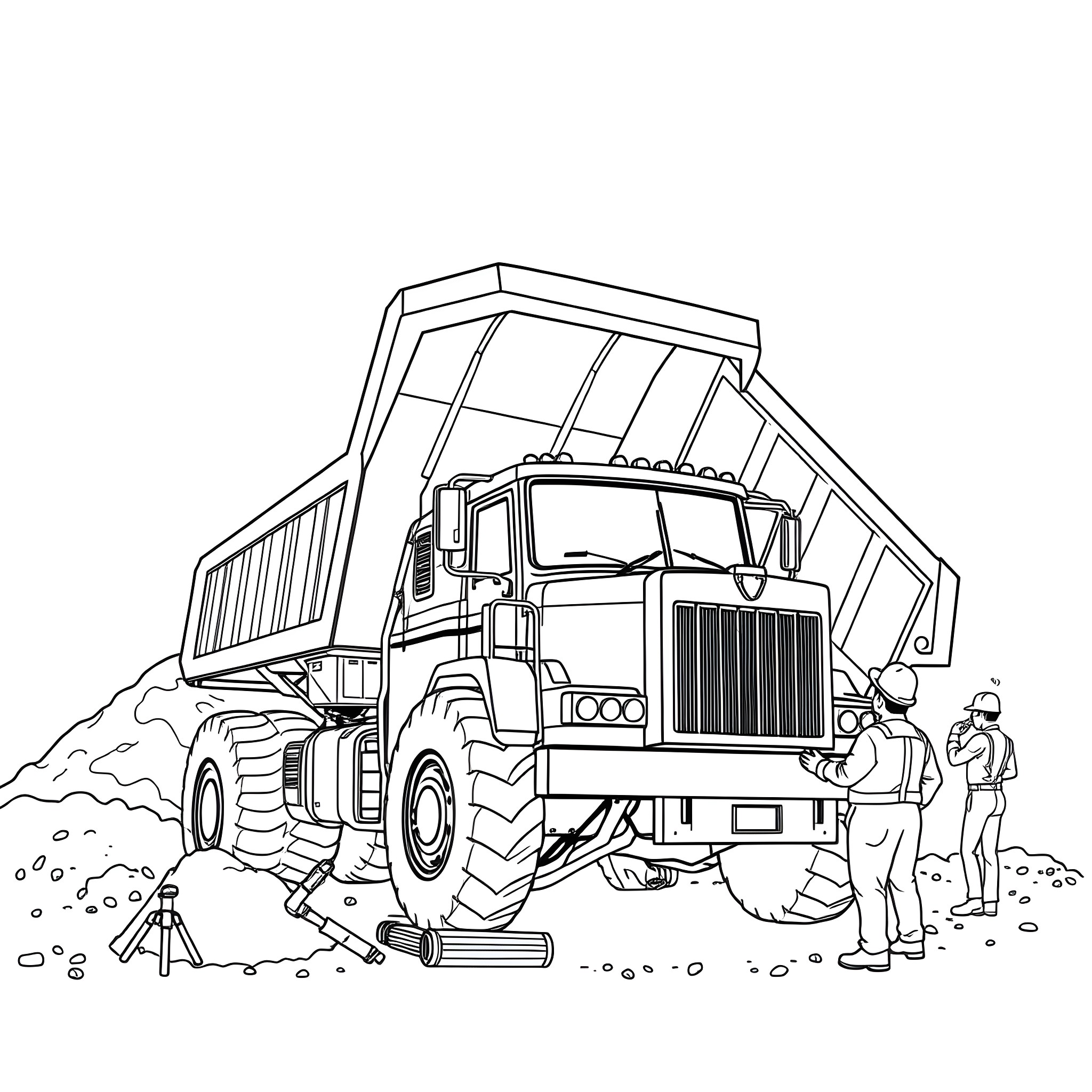 Dump Truck Hauling Construction Materials on Site Coloring Page (free black-and-white line drawing printable PDF for all, from beginners to advanced learners, including children, teens, adults, and seniors)