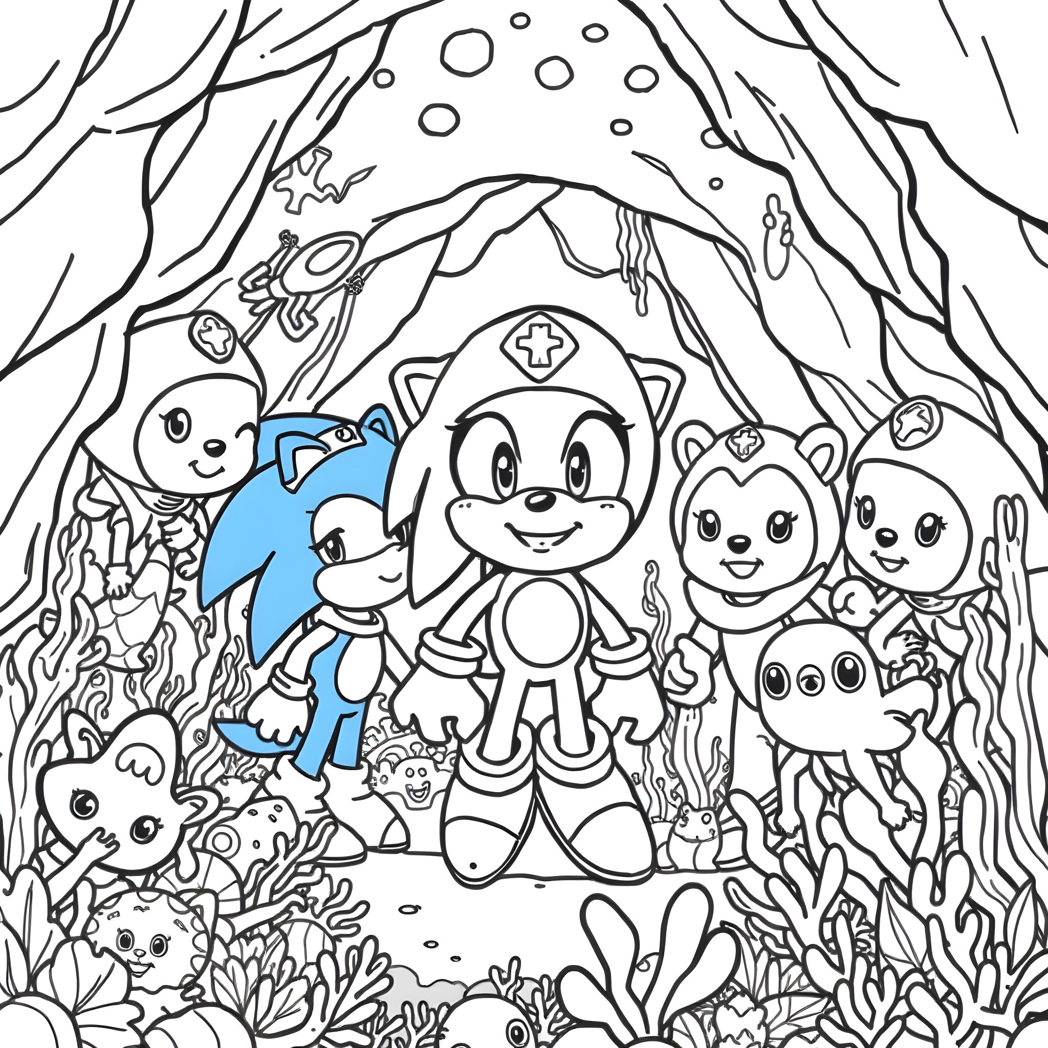 Octonauts characters exploring underwater adventure Coloring Page (free black-and-white line drawing printable PDF for all, from beginners to advanced learners, including children, teens, adults, and seniors)