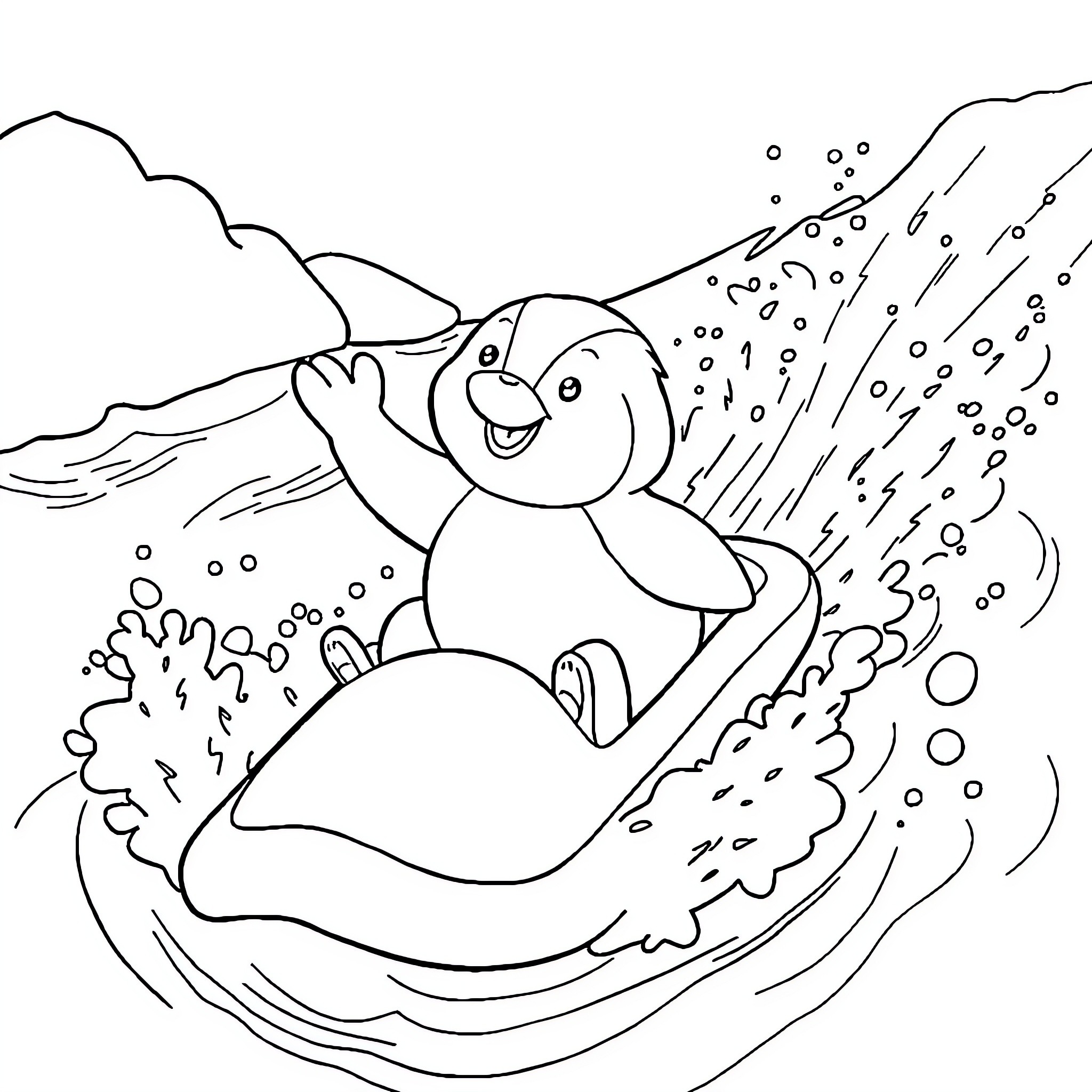 Ruben the Penguin Sliding Joyfully Down the Slope Coloring Page (free black-and-white line drawing printable PDF for all, from beginners to advanced learners, including children, teens, adults, and seniors)