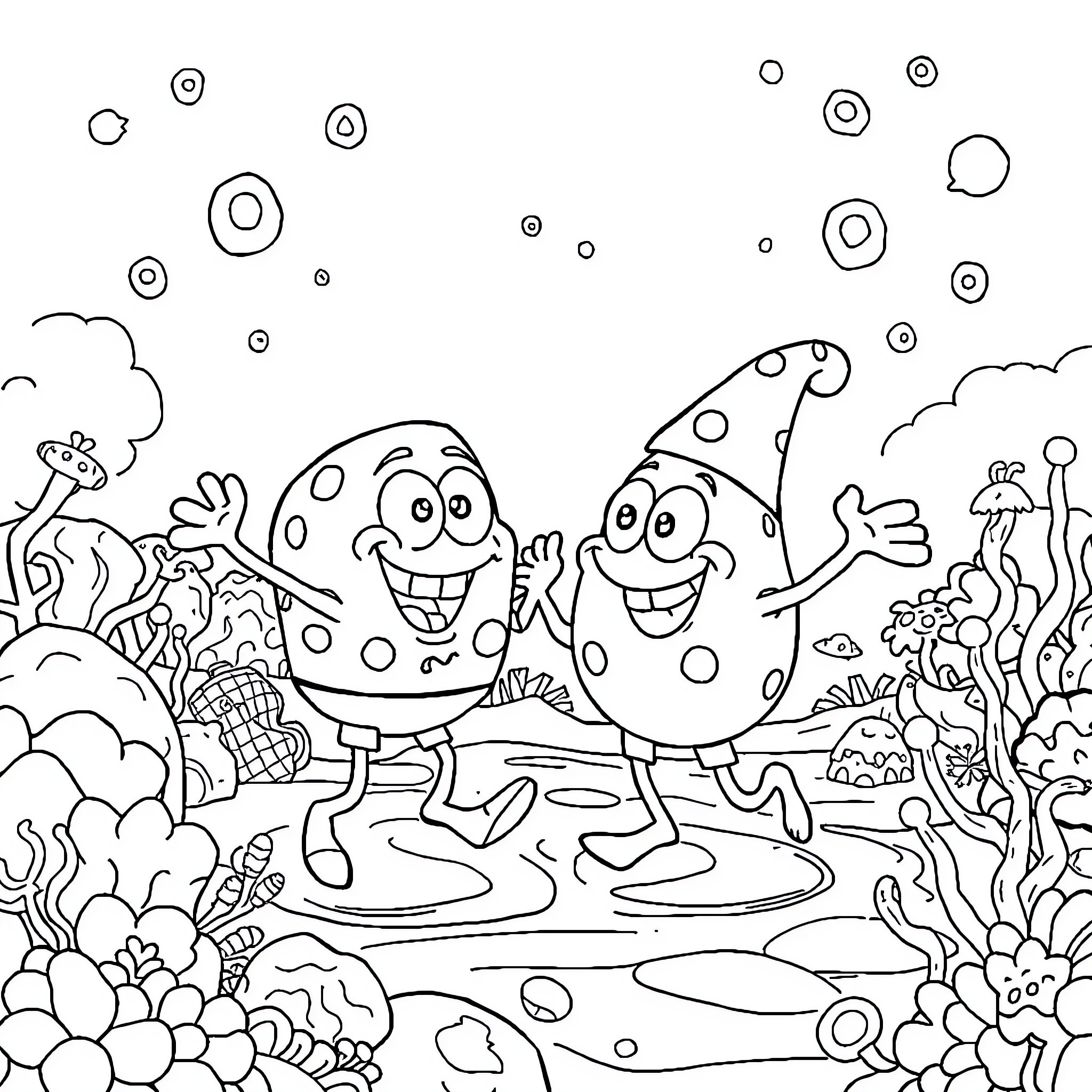 Bob esponja enjoying a playful underwater scene Coloring Page (free black-and-white line drawing printable PDF for all, from beginners to advanced learners, including children, teens, adults, and seniors)