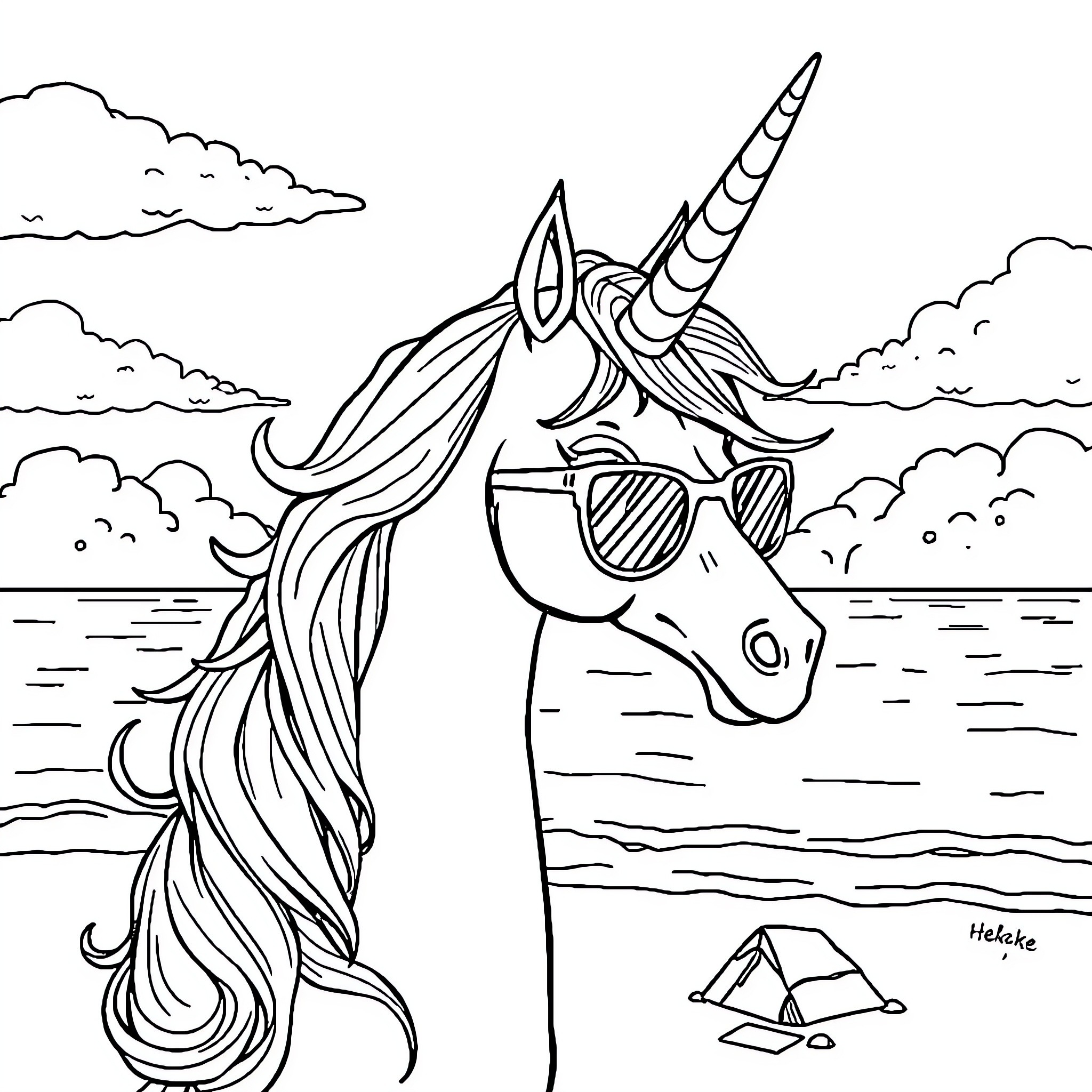 Unicorn relaxing by the beach with sunglasses Coloring Page (free black-and-white line drawing printable PDF for all, from beginners to advanced learners, including children, teens, adults, and seniors)