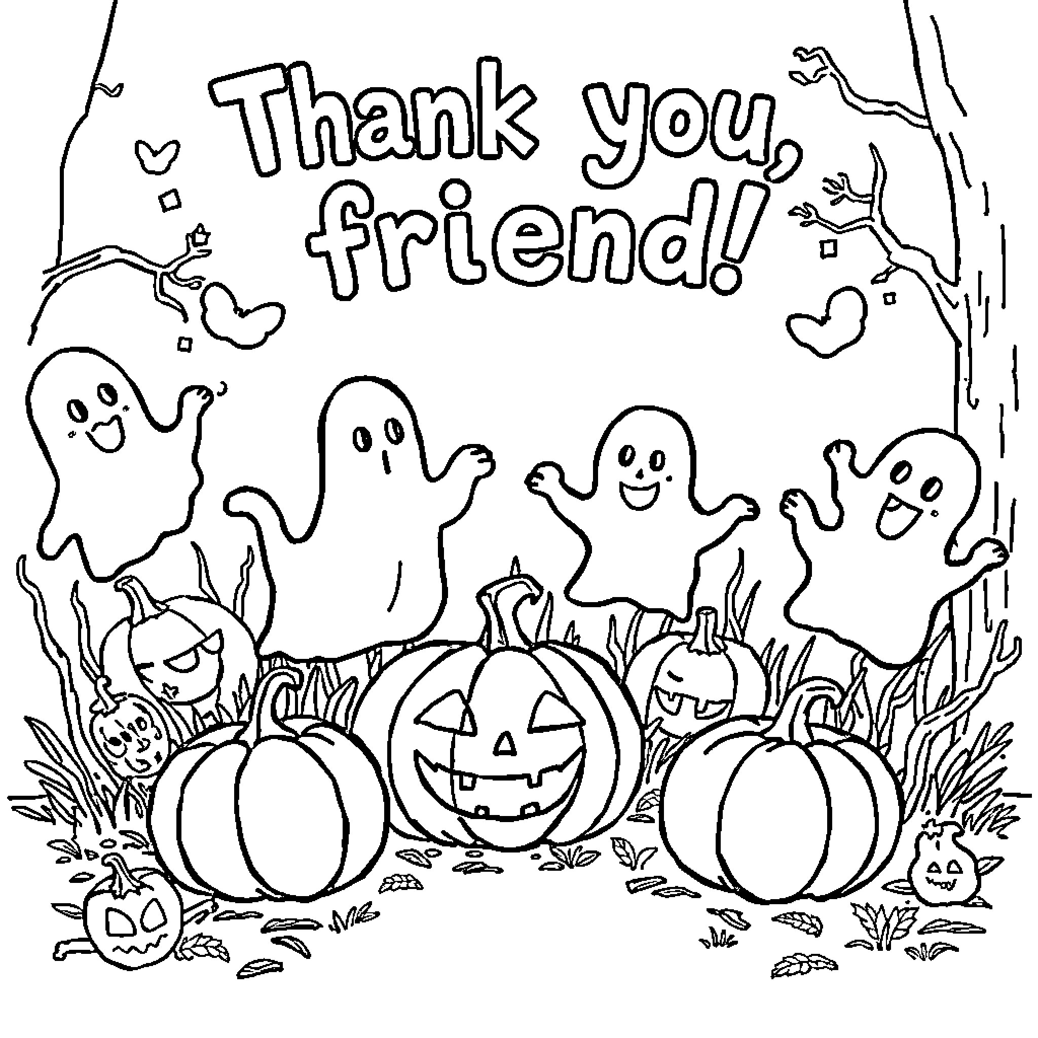 Halloween characters expressing gratitude Coloring Page (free black-and-white line drawing printable PDF for all, from beginners to advanced learners, including children, teens, adults, and seniors)