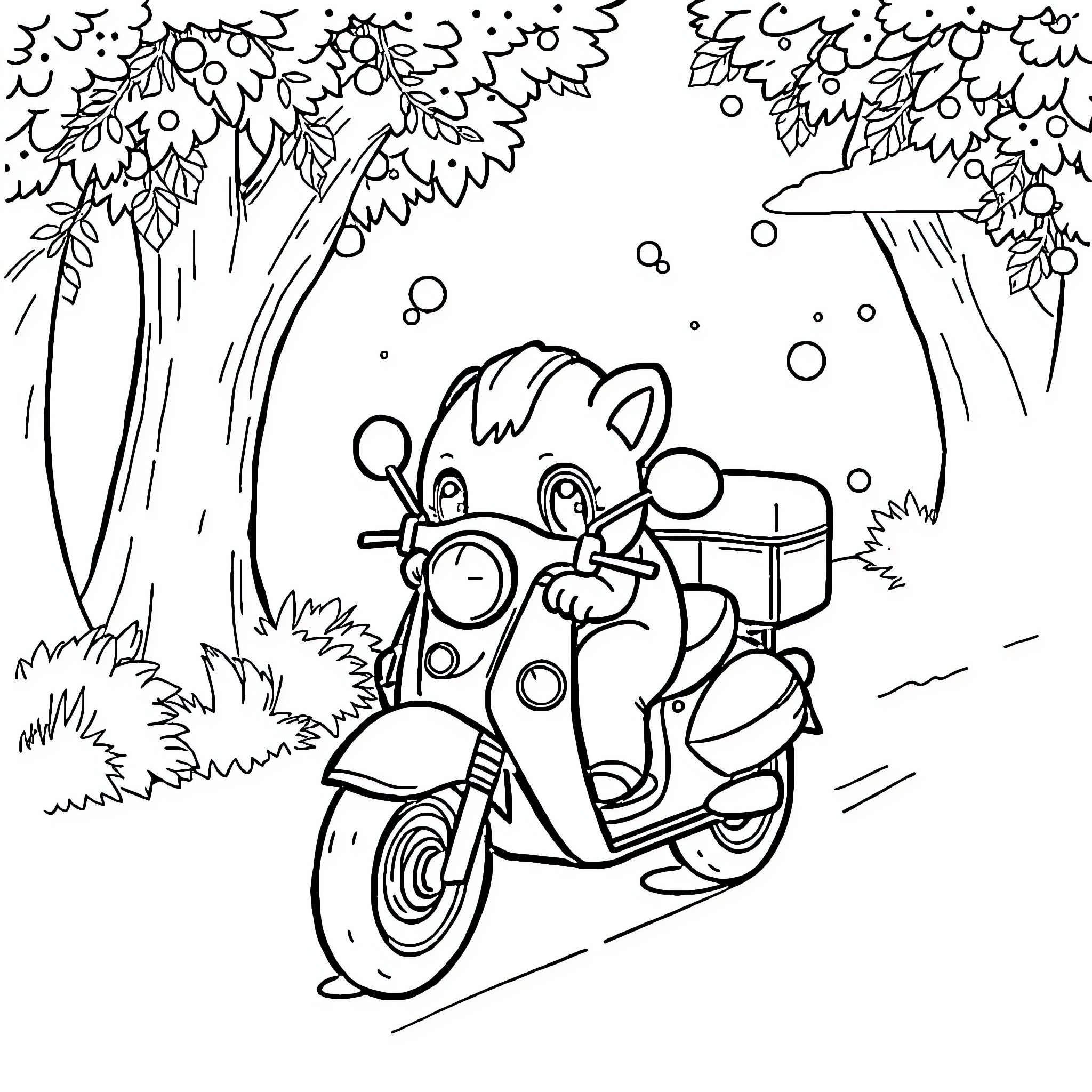 Animal and Car traveling through forest scene Coloring Page (free black-and-white line drawing printable PDF for all, from beginners to advanced learners, including children, teens, adults, and seniors)
