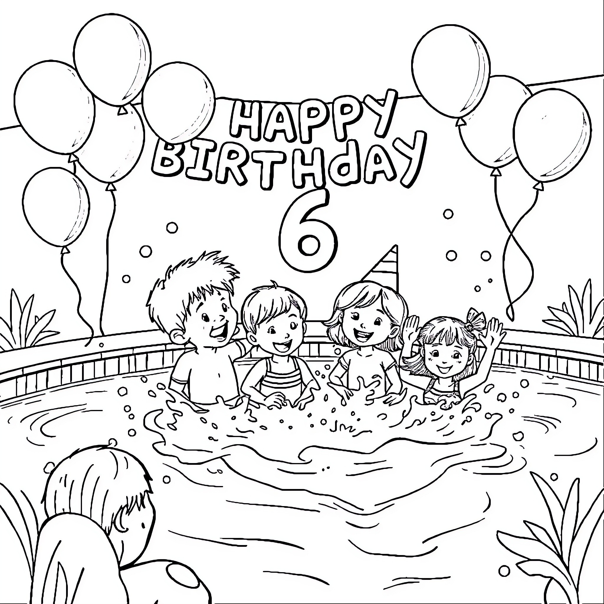 Birthday party celebration with children in the pool Coloring Page (free black-and-white line drawing printable PDF for all, from beginners to advanced learners, including children, teens, adults, and seniors)