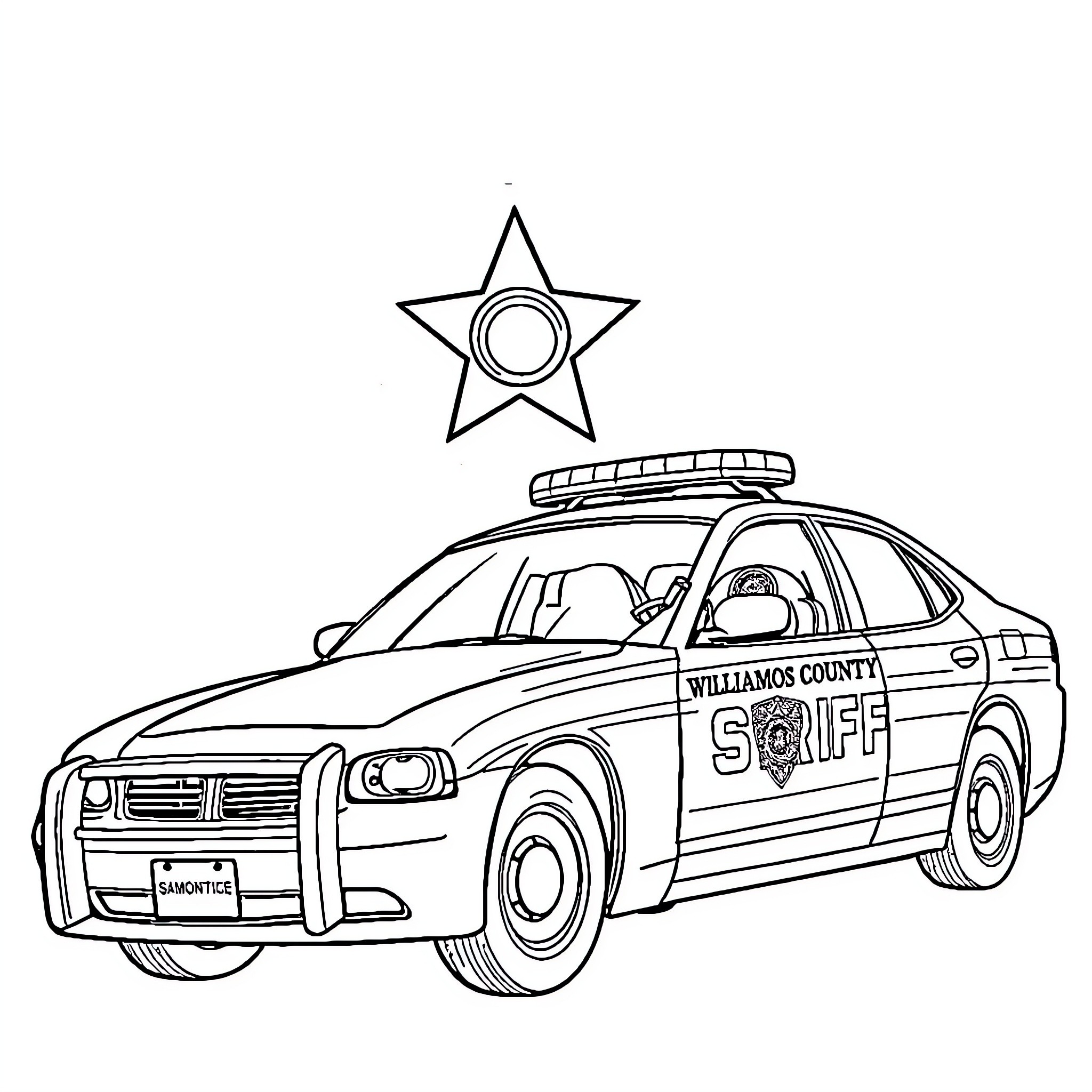 Sheriff Car patrolling the streets Coloring Page (free black-and-white line drawing printable PDF for all, from beginners to advanced learners, including children, teens, adults, and seniors)