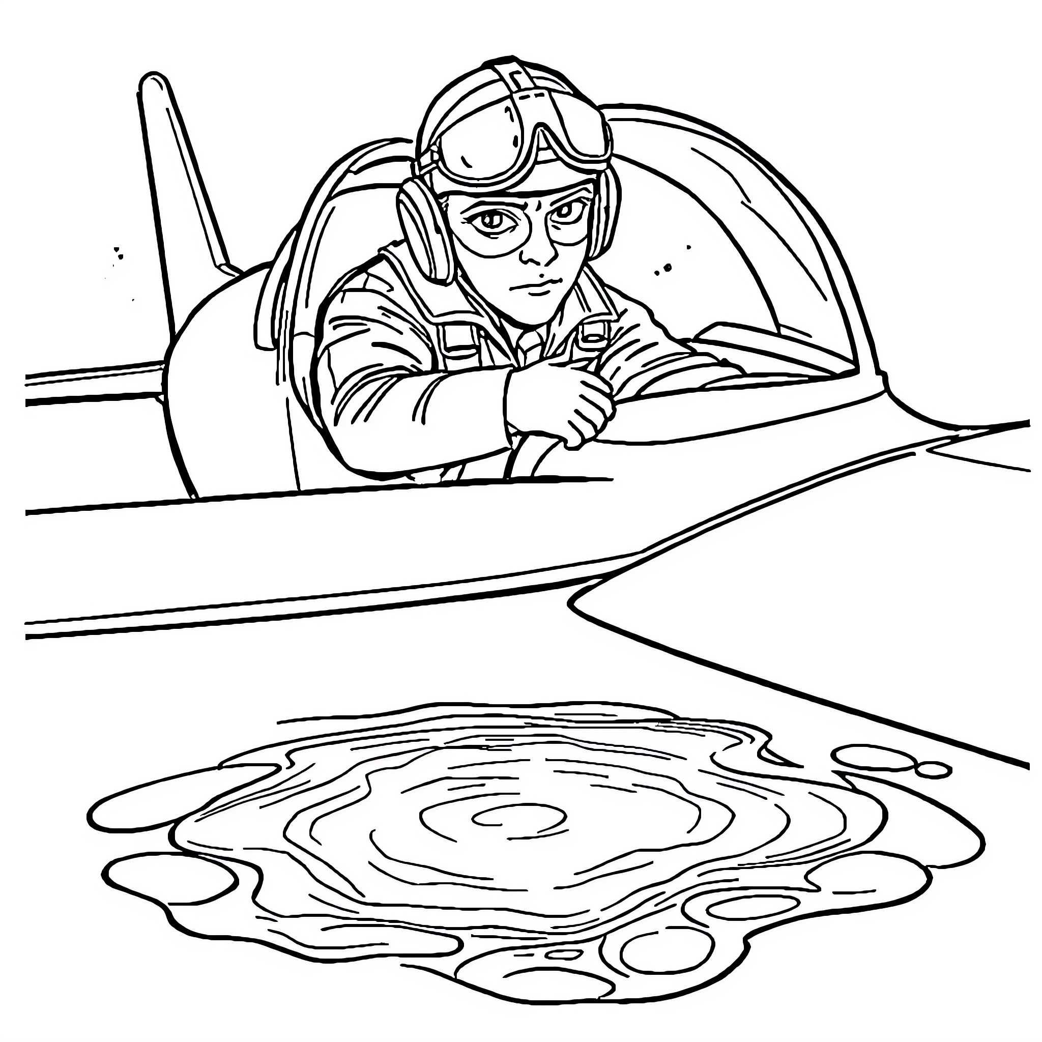 Pilot prepares for flight in cockpit Coloring Page (free black-and-white line drawing printable PDF for all, from beginners to advanced learners, including children, teens, adults, and seniors)