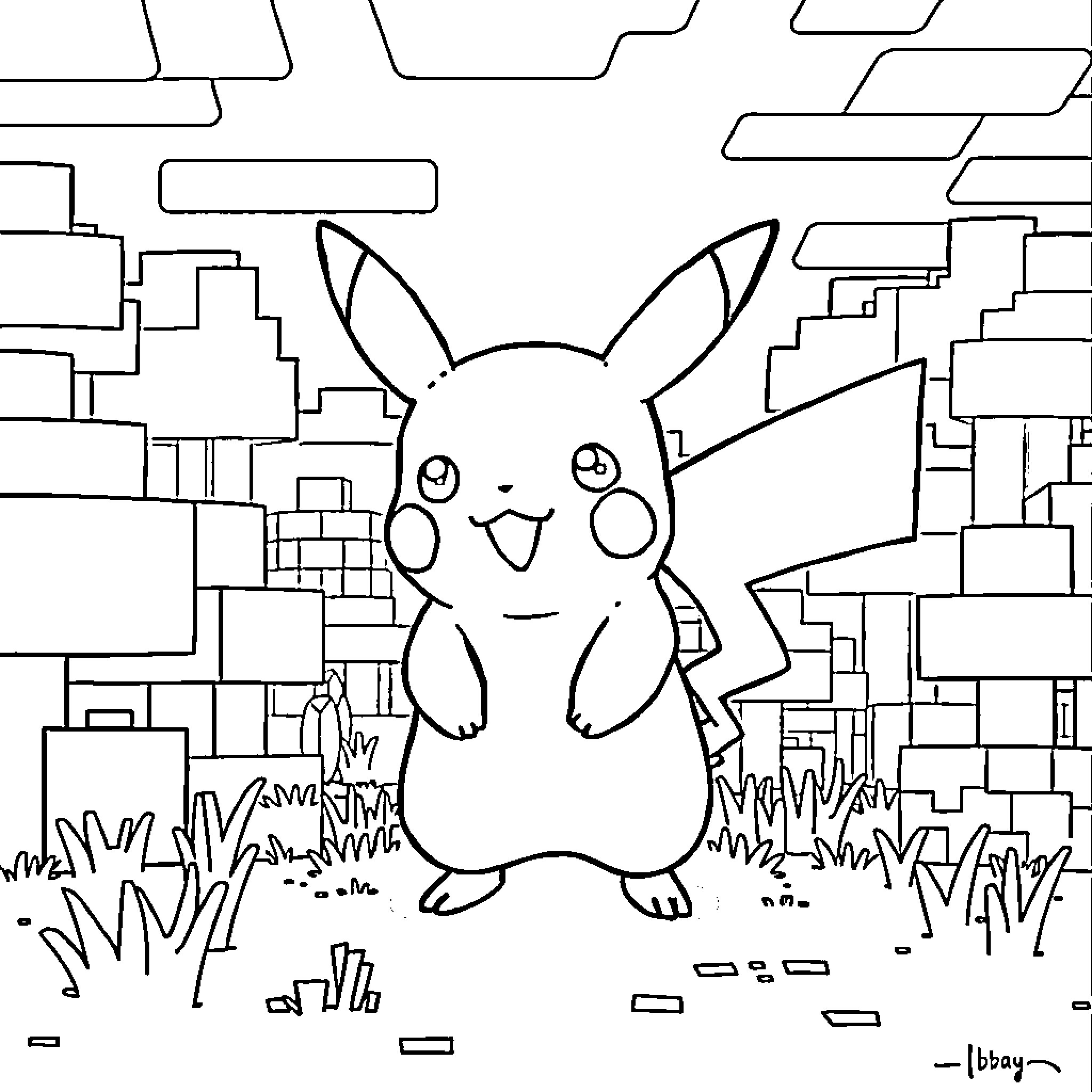 Pikachu enjoying the outdoors in a whimsical scene Coloring Page (free black-and-white line drawing printable PDF for all, from beginners to advanced learners, including children, teens, adults, and seniors)