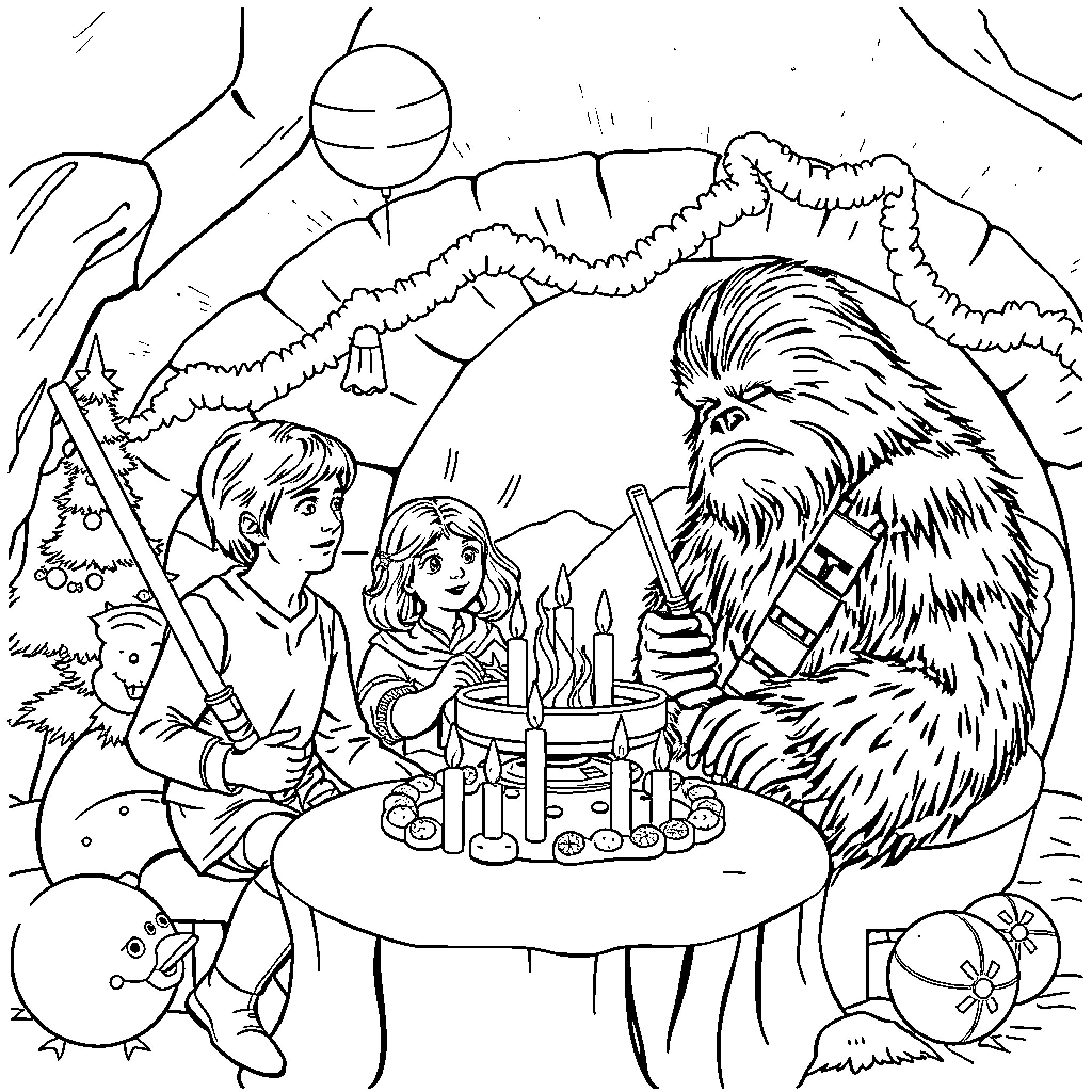 Star Wars characters celebrating with cake and candles Coloring Page (free black-and-white line drawing printable PDF for all, from beginners to advanced learners, including children, teens, adults, and seniors)