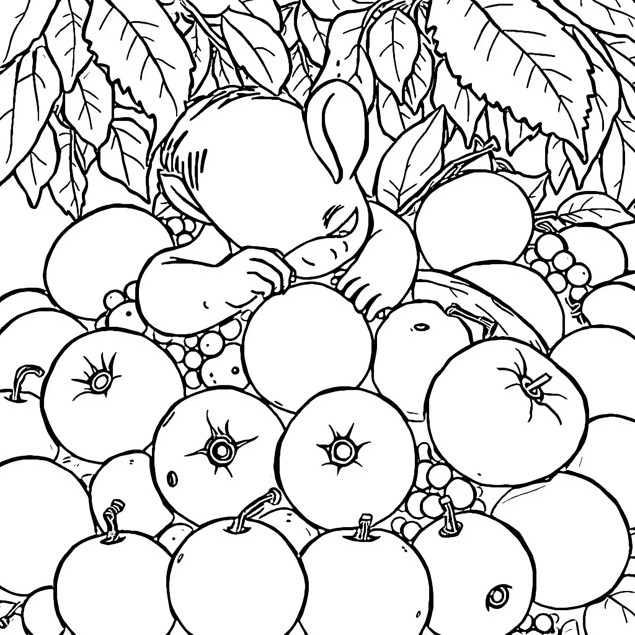 Stitch of a lush fruit orchard Coloring Page (free black-and-white line drawing printable PDF for all, from beginners to advanced learners, including children, teens, adults, and seniors)