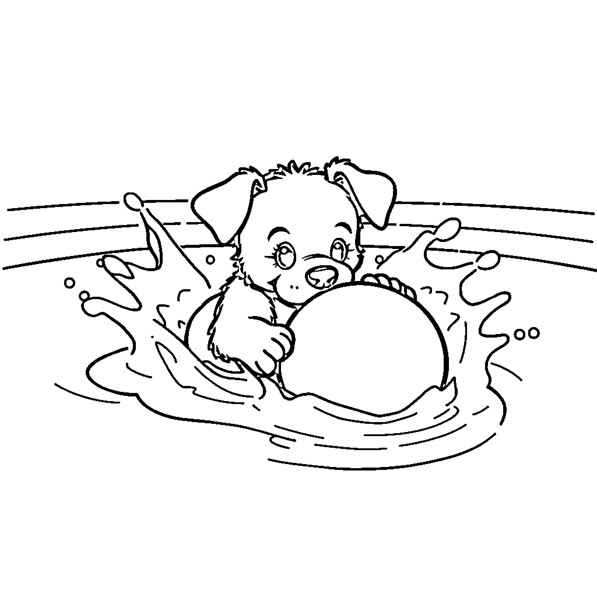 Puppy playing joyfully in a puddle Coloring Page (free black-and-white line drawing printable PDF for all, from beginners to advanced learners, including children, teens, adults, and seniors)