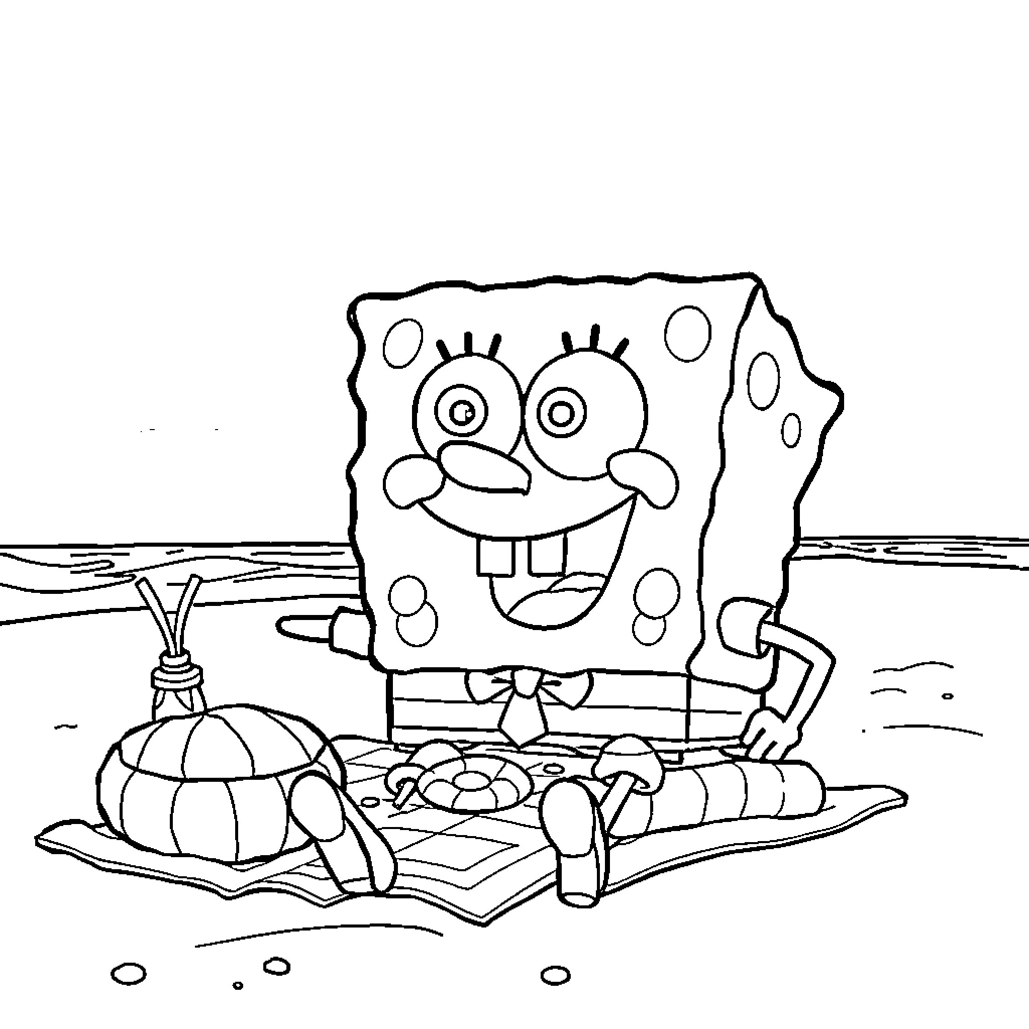 Spongebob reading a book on the beach Coloring Page (free black-and-white line drawing printable PDF for all, from beginners to advanced learners, including children, teens, adults, and seniors)