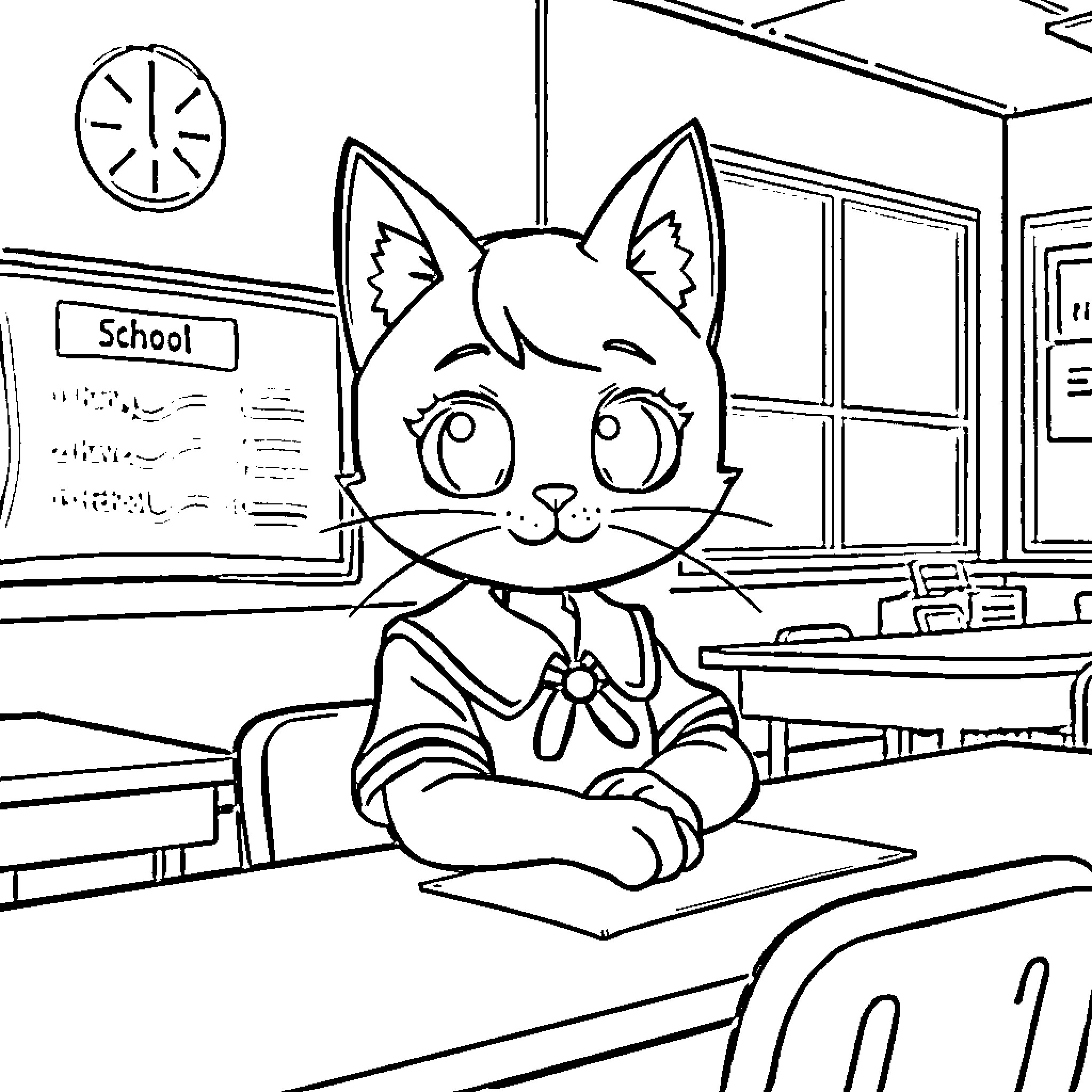 Cat Girl Studying Diligently in the Classroom Coloring Page (free black-and-white line drawing printable PDF for all, from beginners to advanced learners, including children, teens, adults, and seniors)