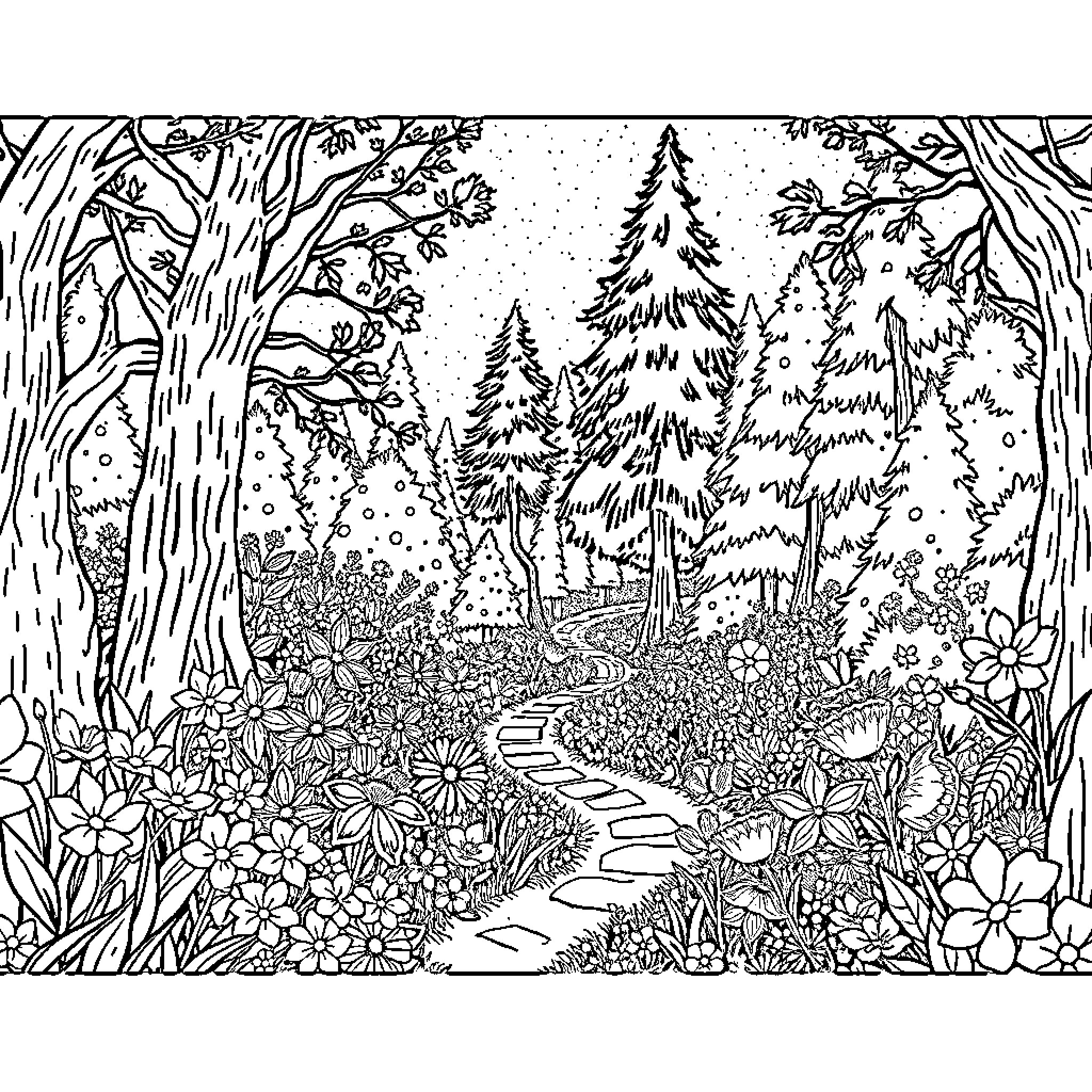 Garden of Blooming Flowers and Whimsical Trees Coloring Page (free black-and-white line drawing printable PDF for all, from beginners to advanced learners, including children, teens, adults, and seniors)
