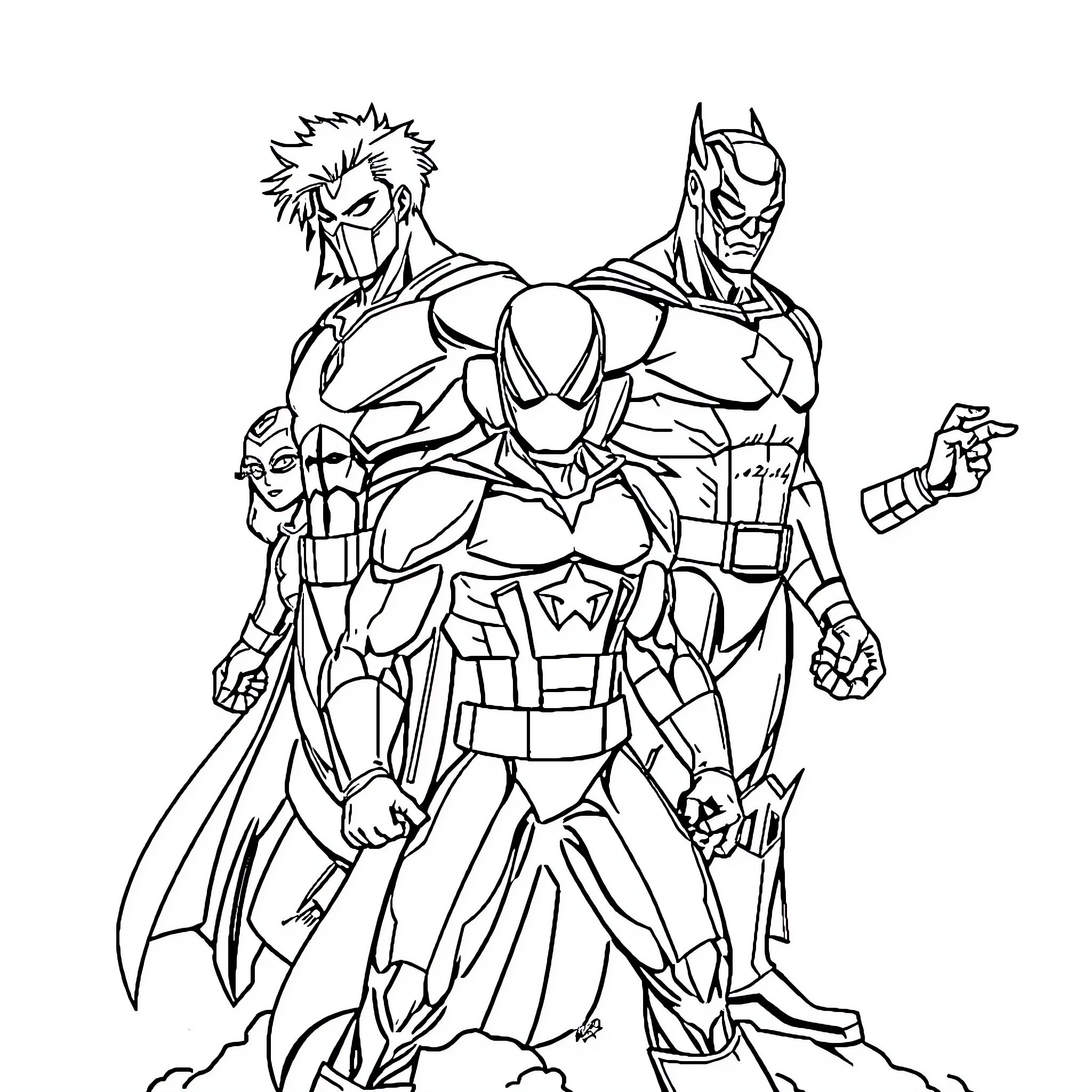 Marvel Heroes in Action-Packed Poses Coloring Page (free black-and-white line drawing printable PDF for all, from beginners to advanced learners, including children, teens, adults, and seniors)