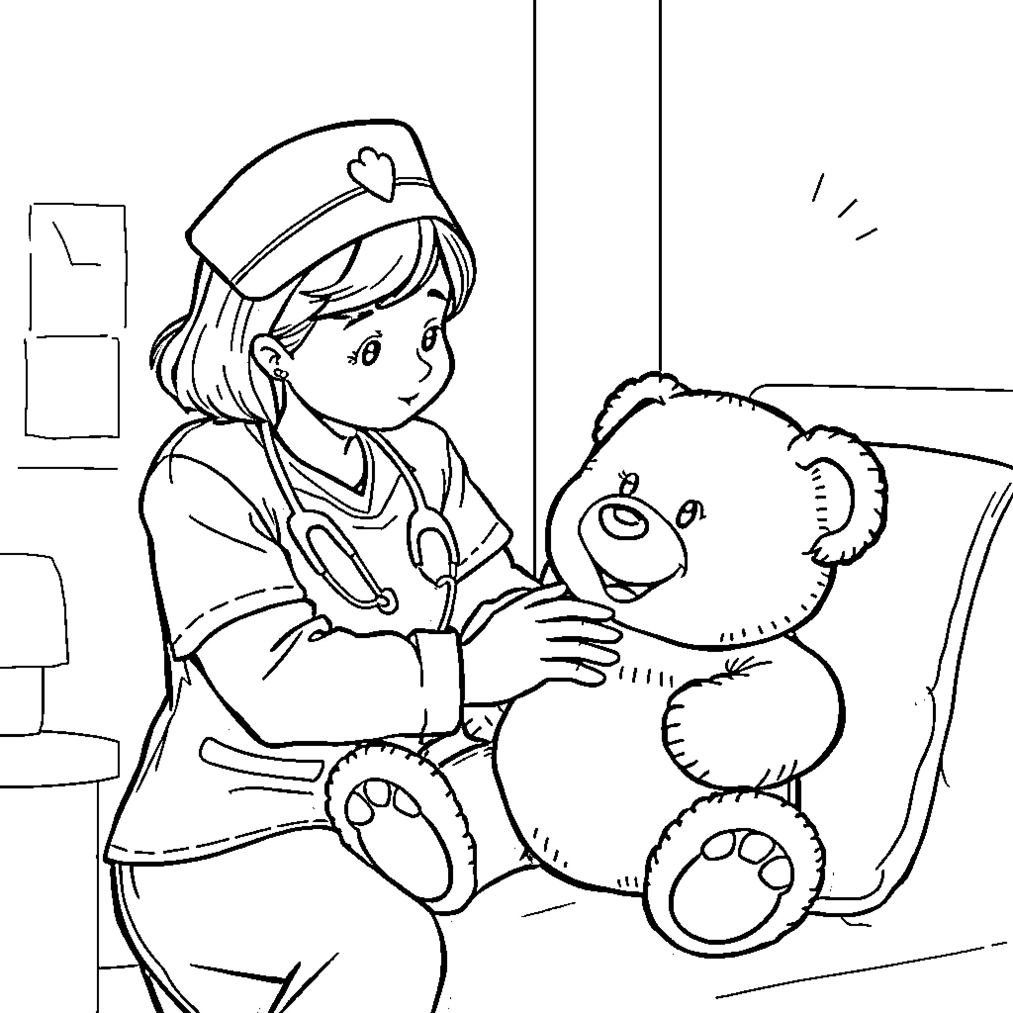 Nurse Comforting a Patient with a Teddy Bear Coloring Page (free black-and-white line drawing printable PDF for all, from beginners to advanced learners, including children, teens, adults, and seniors)